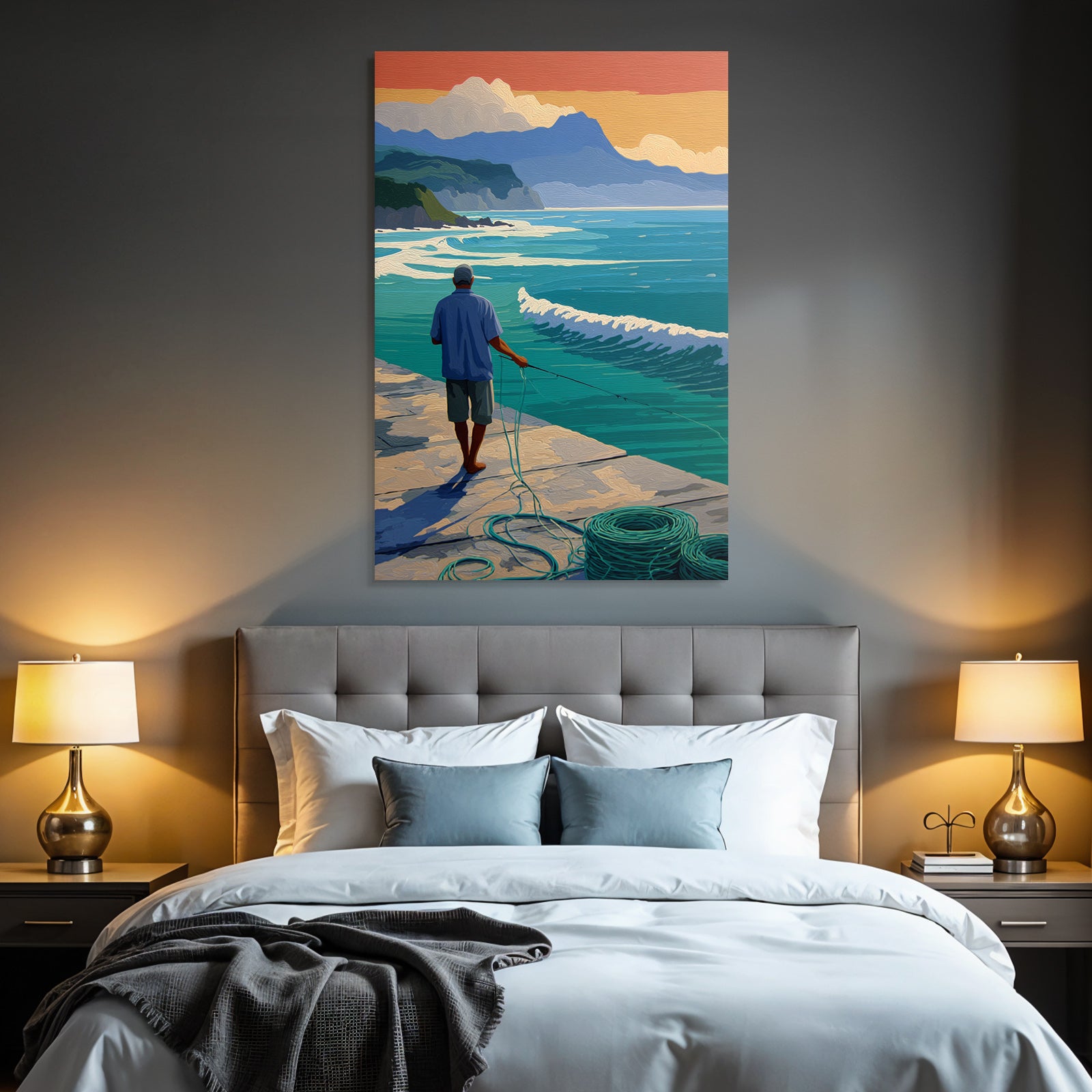 Tropics and jungle calm fish moment by the sea with mountain horizon sunset