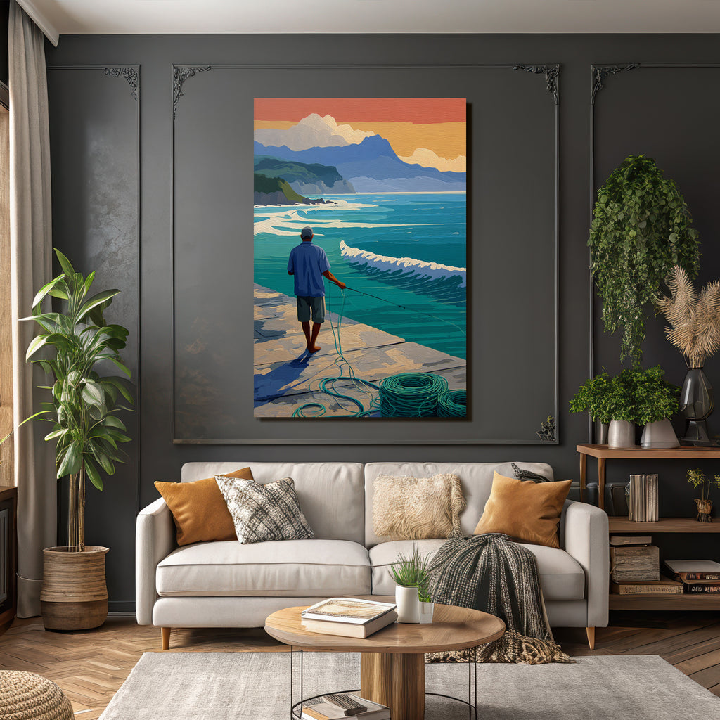 Tropics and jungle calm fish moment by the sea with mountain horizon sunset