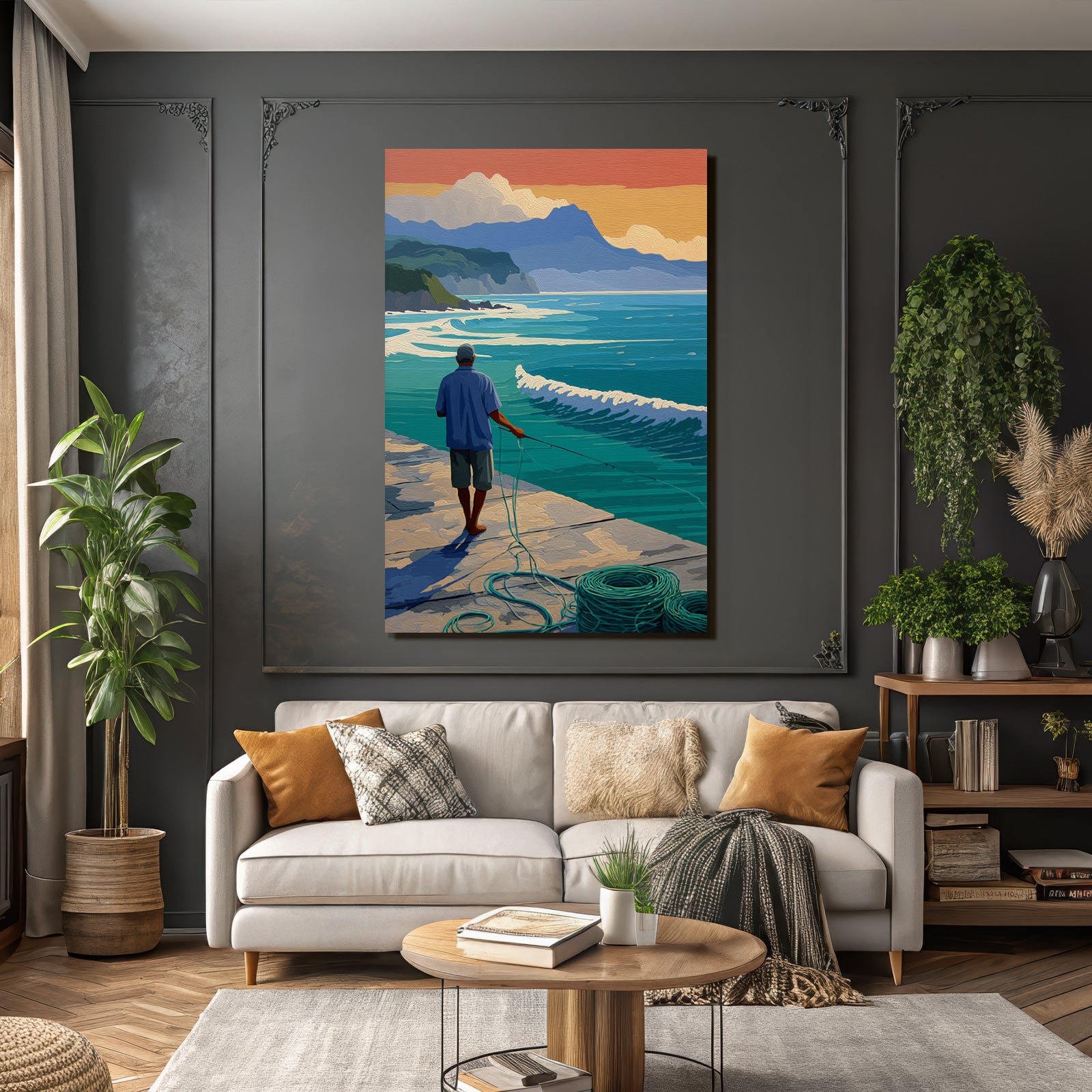Tropics and jungle calm fish moment by the sea with mountain horizon sunset