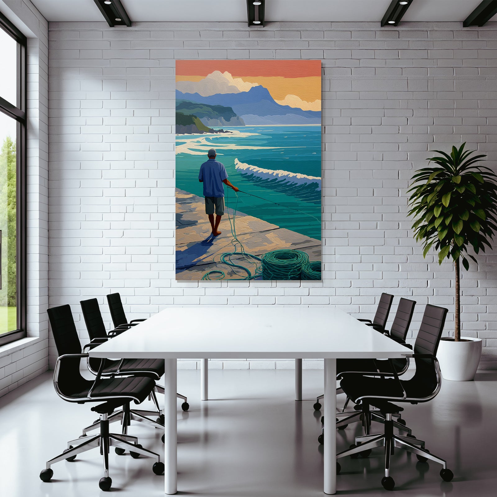 Tropics and jungle calm fish moment by the sea with mountain horizon sunset