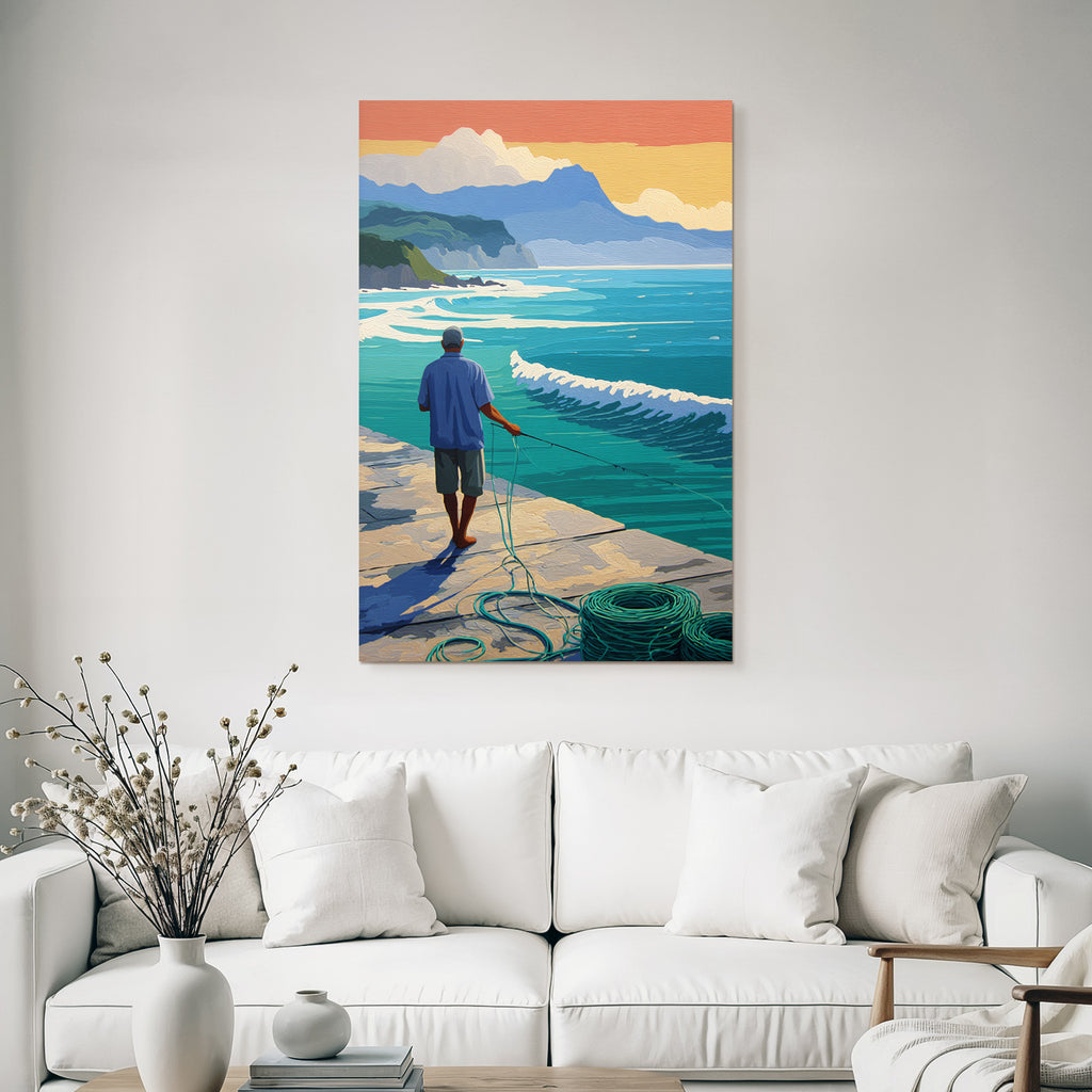 Tropics and jungle calm fish moment by the sea with mountain horizon sunset