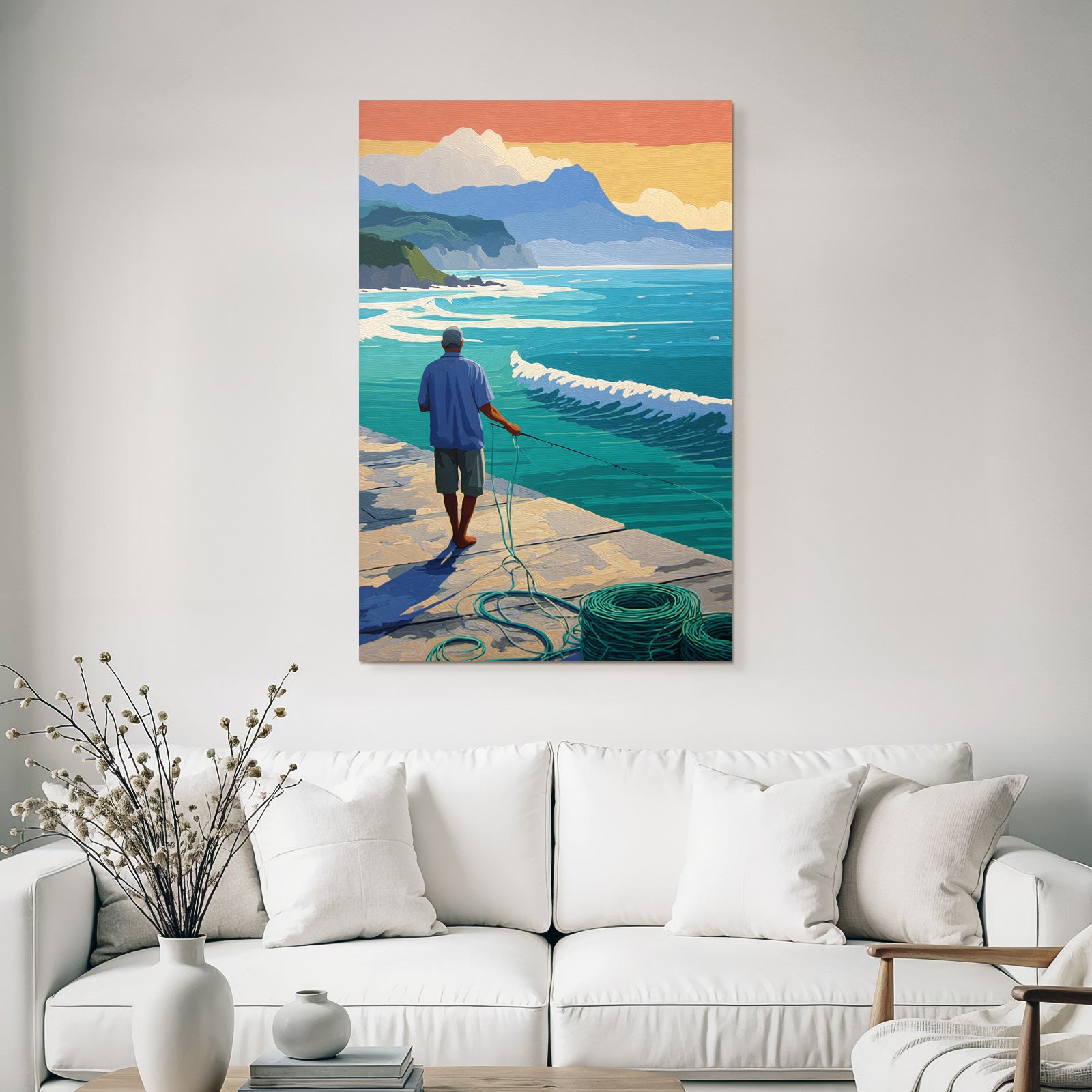 Tropics and jungle calm fish moment by the sea with mountain horizon sunset