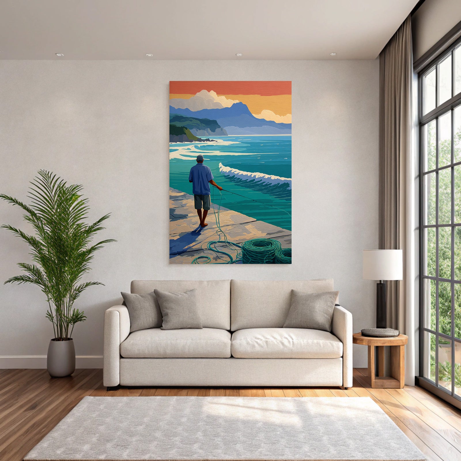 Tropics and jungle calm fish moment by the sea with mountain horizon sunset