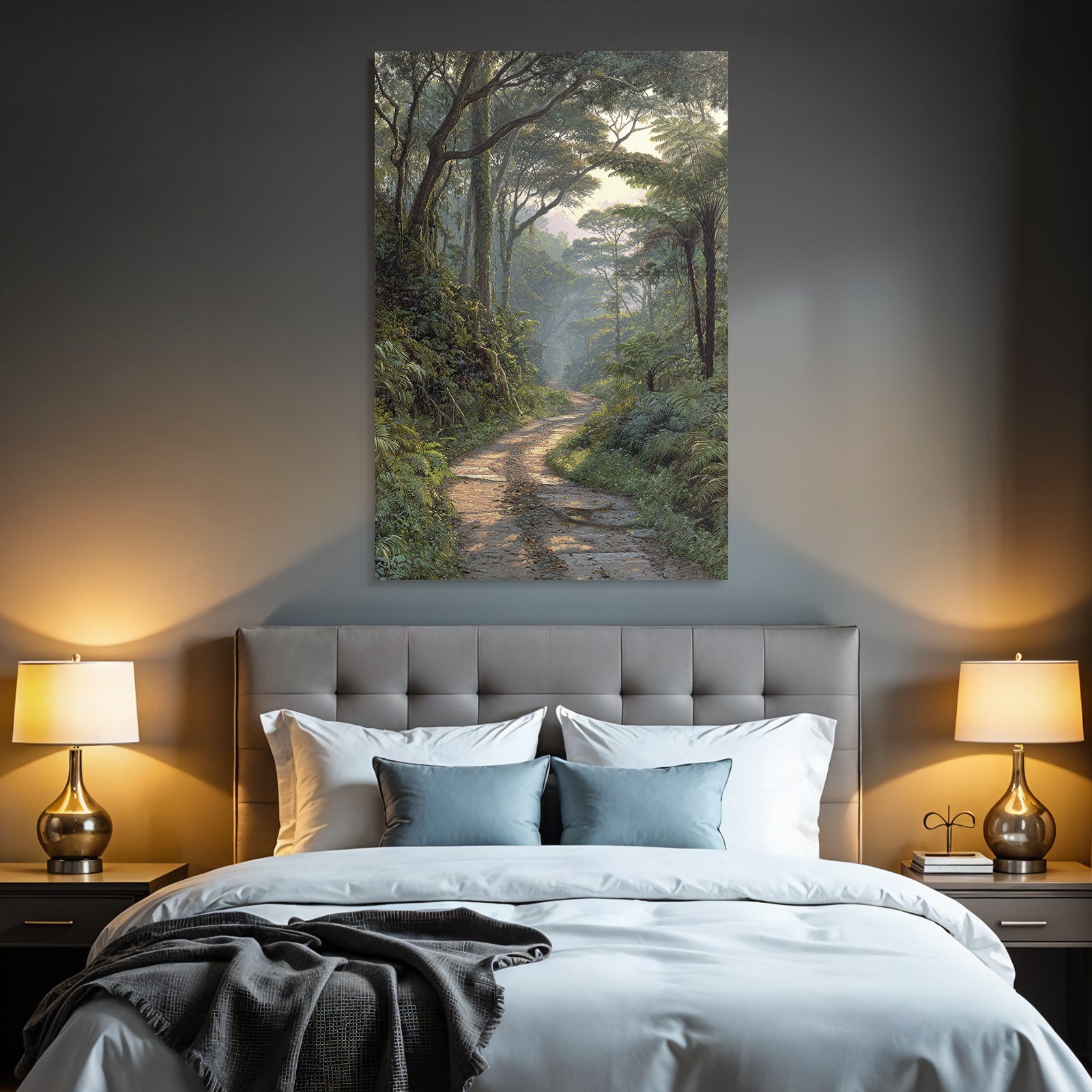 Tropics and Jungle Tranquil Forest Path with Green Landscape in Early Morning Light