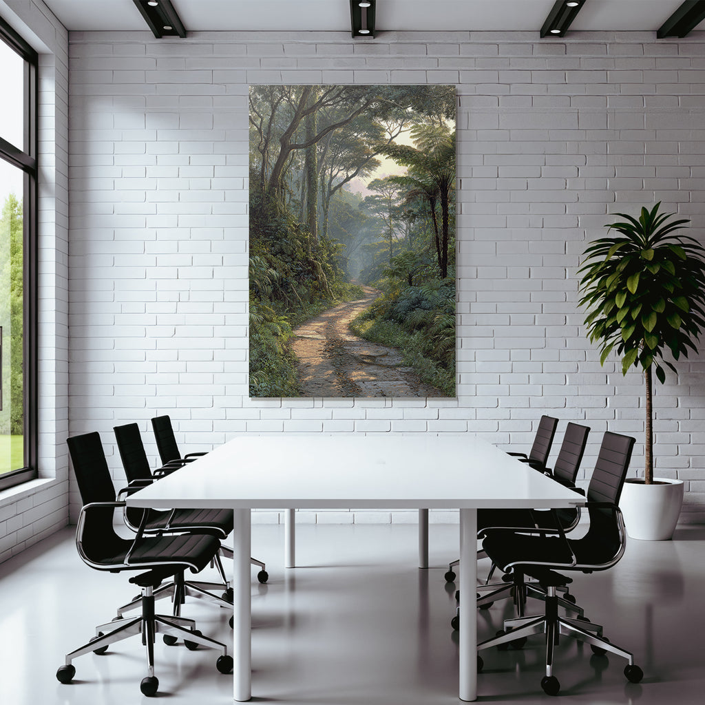 Tropics and Jungle Tranquil Forest Path with Green Landscape in Early Morning Light