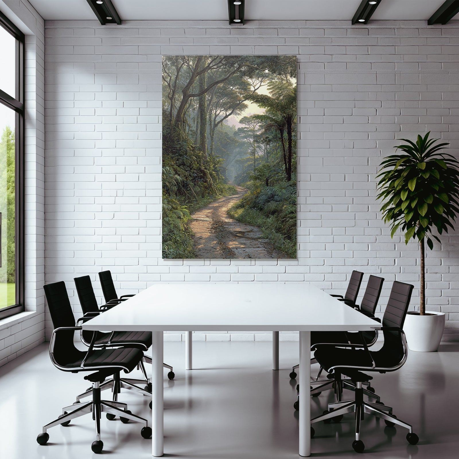 Tropics and Jungle Tranquil Forest Path with Green Landscape in Early Morning Light