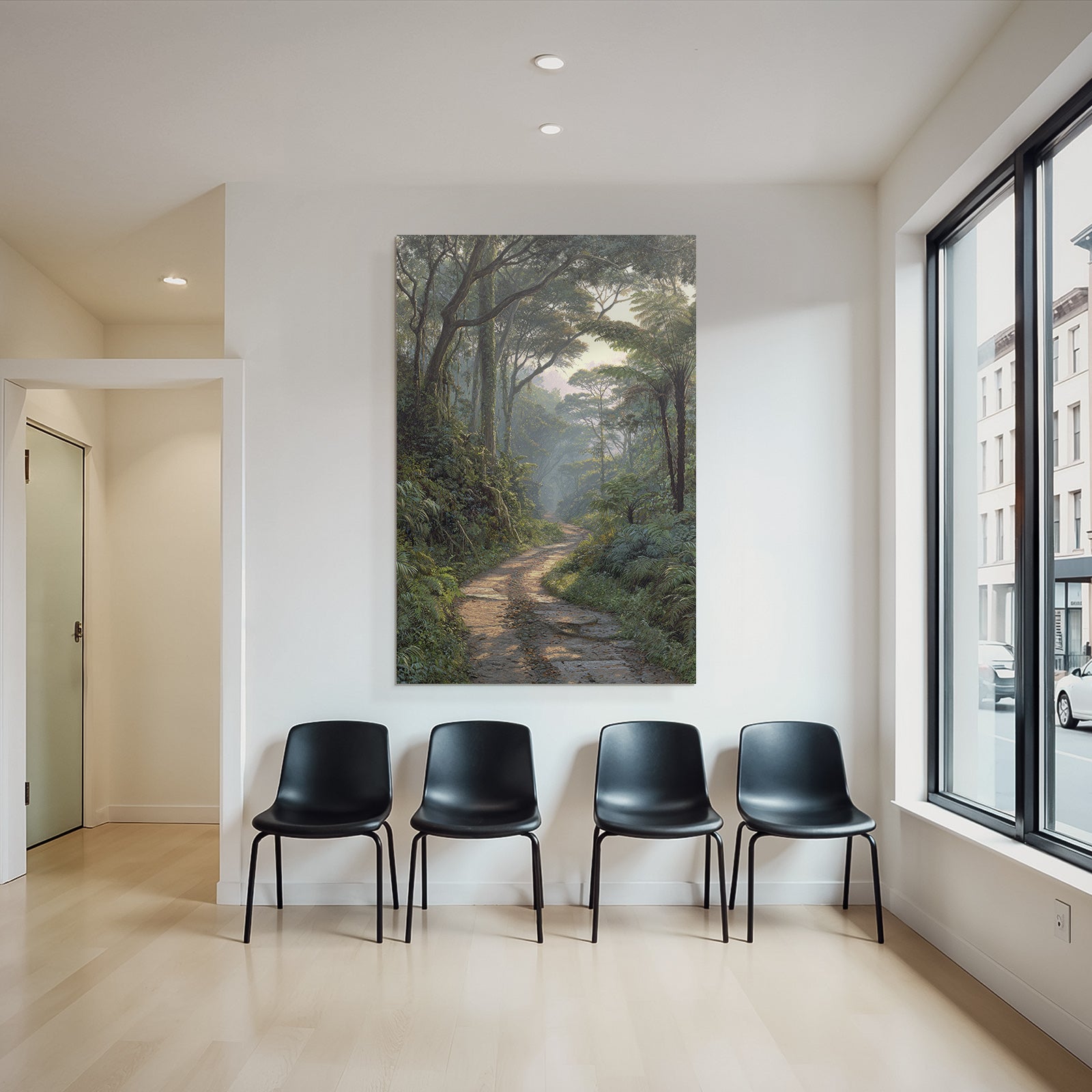 Tropics and Jungle Tranquil Forest Path with Green Landscape in Early Morning Light