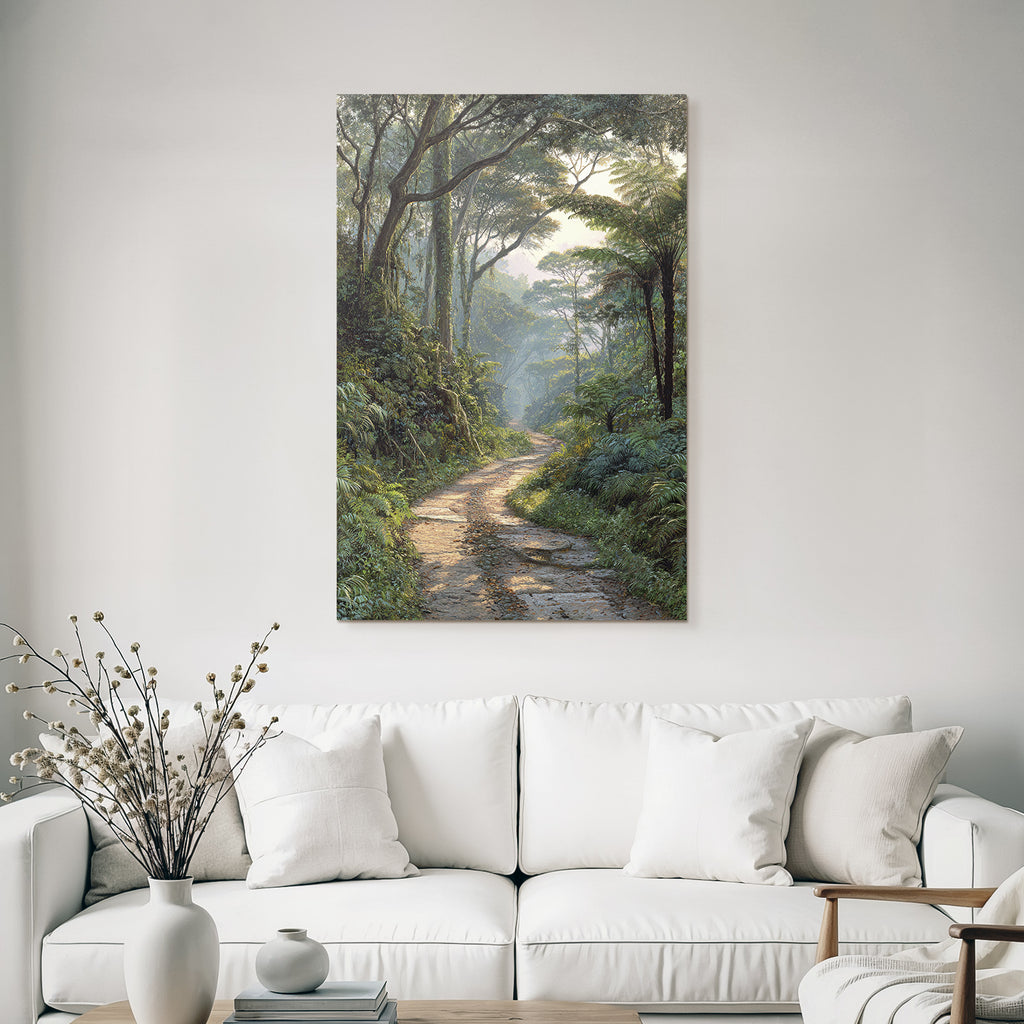 Tropics and Jungle Tranquil Forest Path with Green Landscape in Early Morning Light