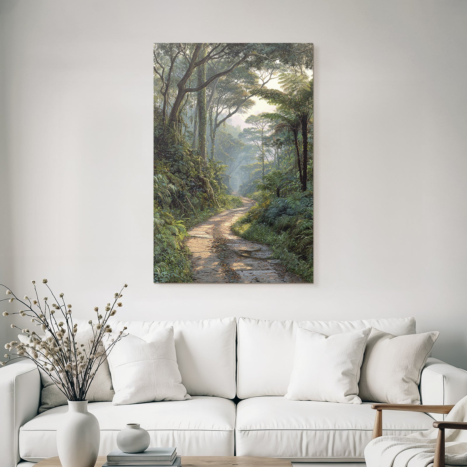 Tropics and Jungle Tranquil Forest Path with Green Landscape in Early Morning Light