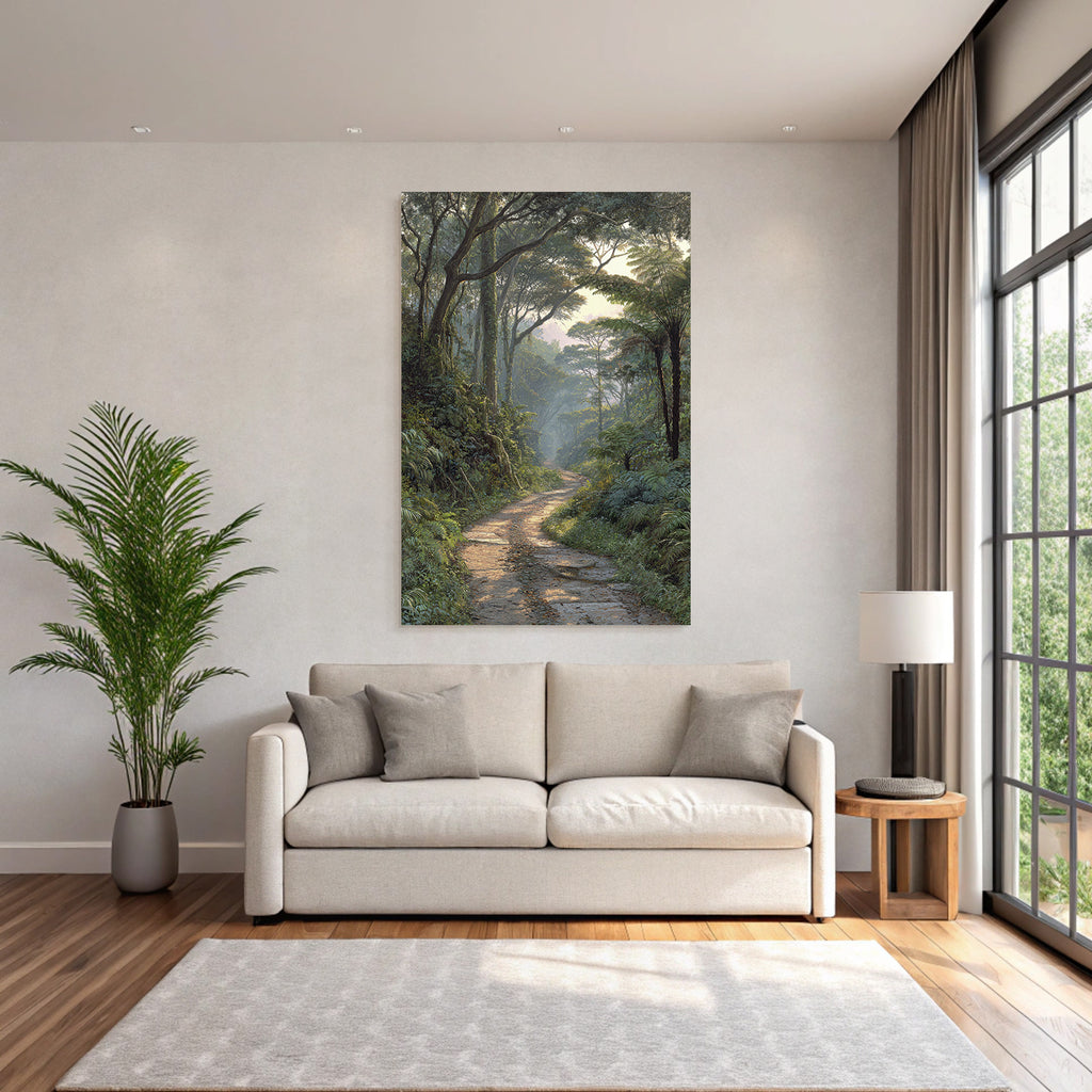 Tropics and Jungle Tranquil Forest Path with Green Landscape in Early Morning Light