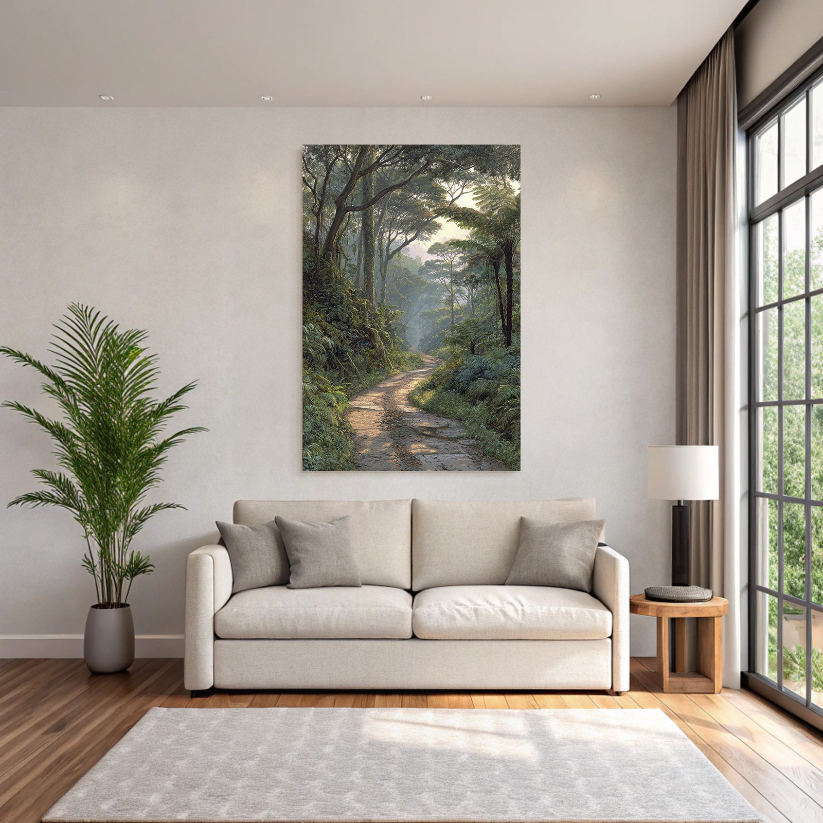 Tropics and Jungle Tranquil Forest Path with Green Landscape in Early Morning Light
