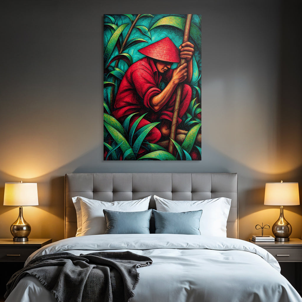 Tropics and jungle stylized artwork figures in nature with hat and red outfit