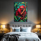 Tropics and jungle stylized artwork figures in nature with hat and red outfit