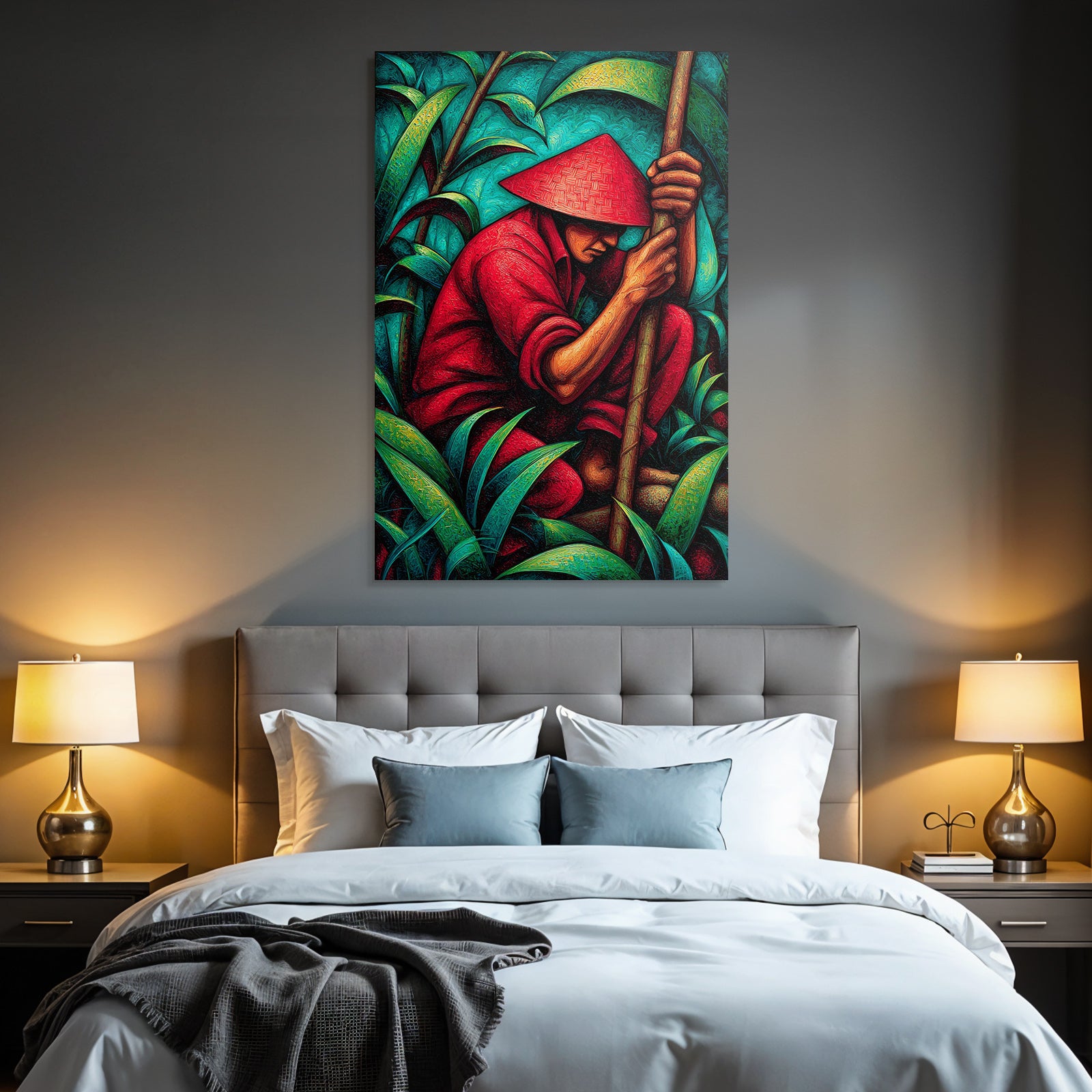 Tropics and jungle stylized artwork figures in nature with hat and red outfit