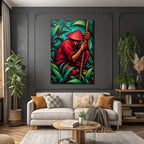 Tropics and jungle stylized artwork figures in nature with hat and red outfit