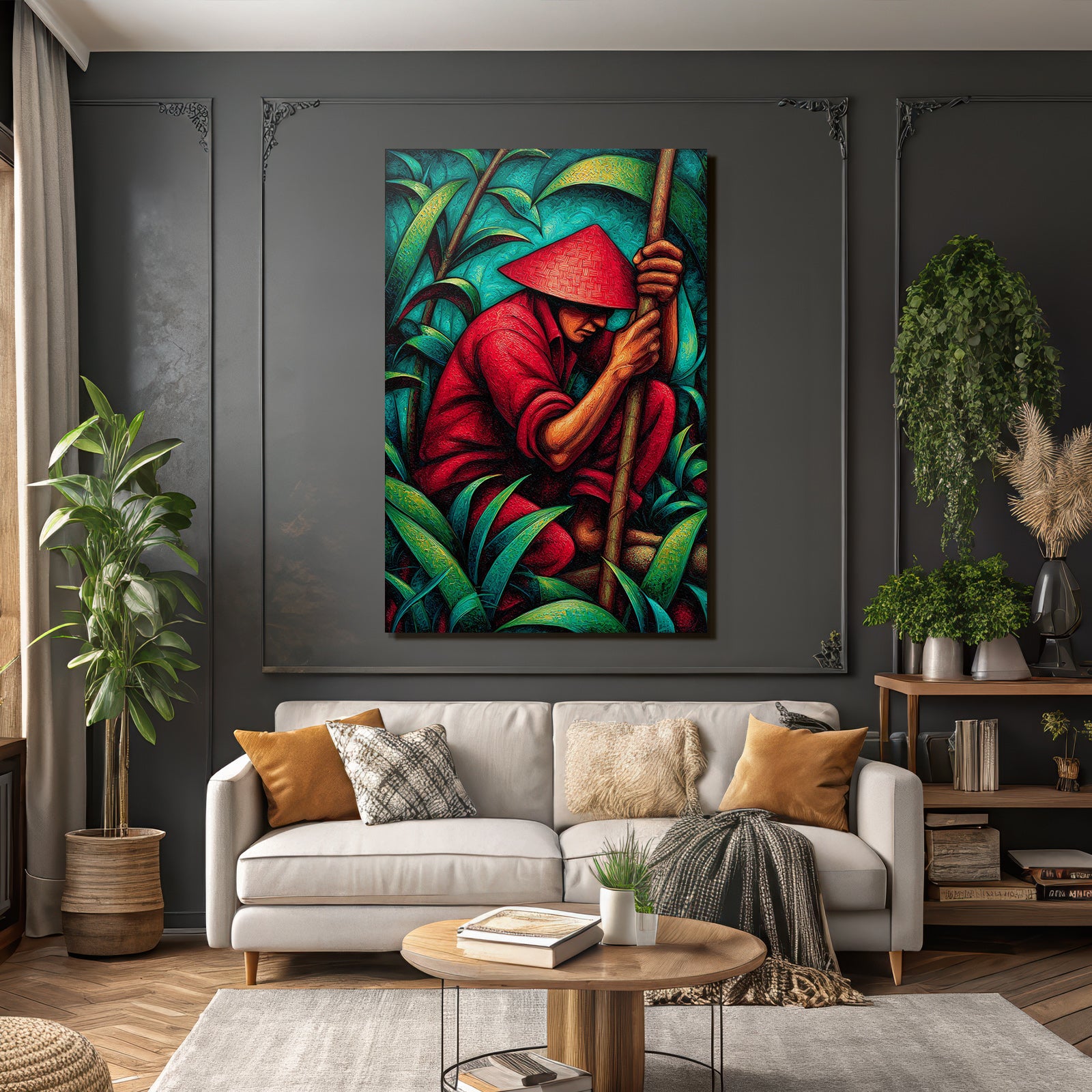 Tropics and jungle stylized artwork figures in nature with hat and red outfit