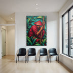 Tropics and jungle stylized artwork figures in nature with hat and red outfit