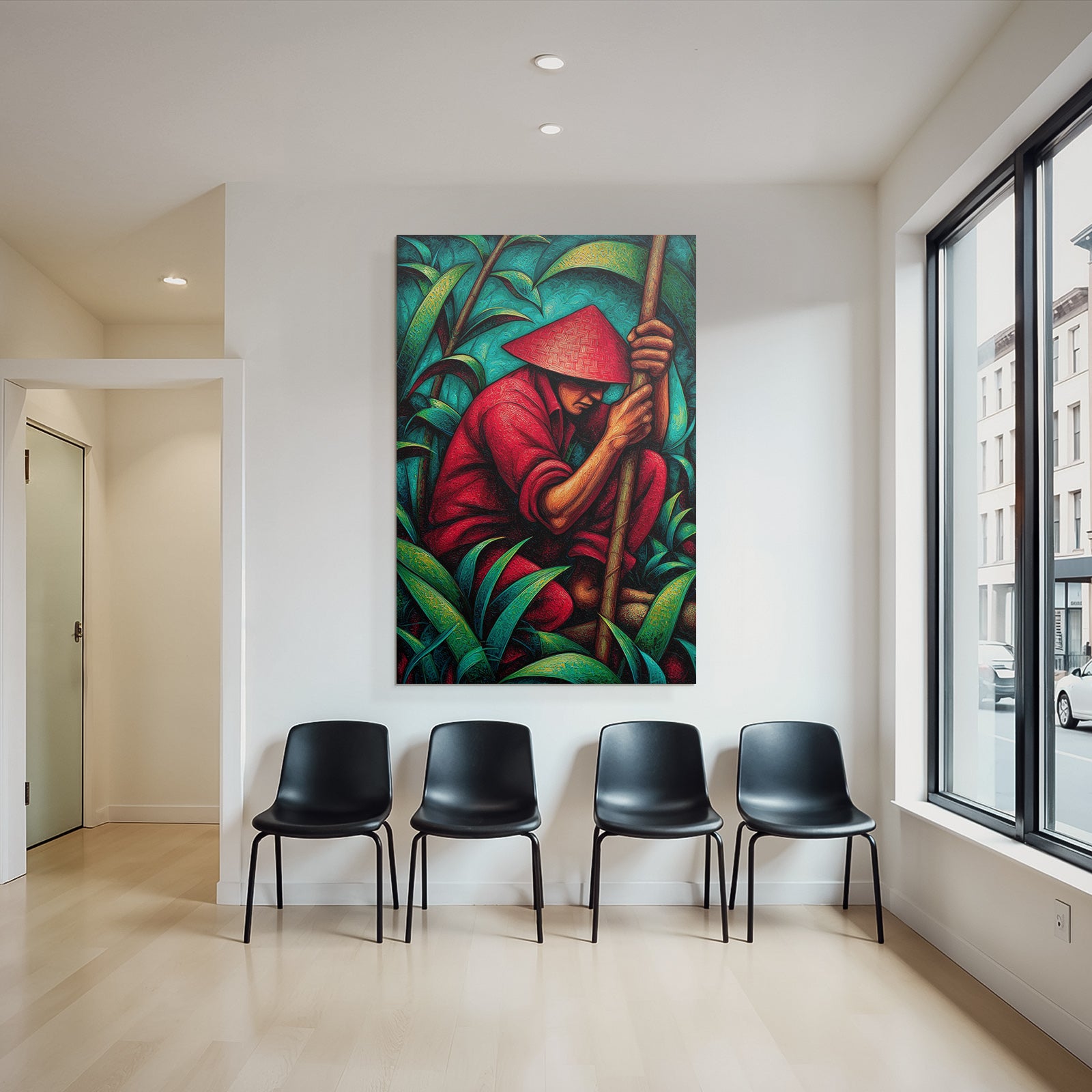 Tropics and jungle stylized artwork figures in nature with hat and red outfit