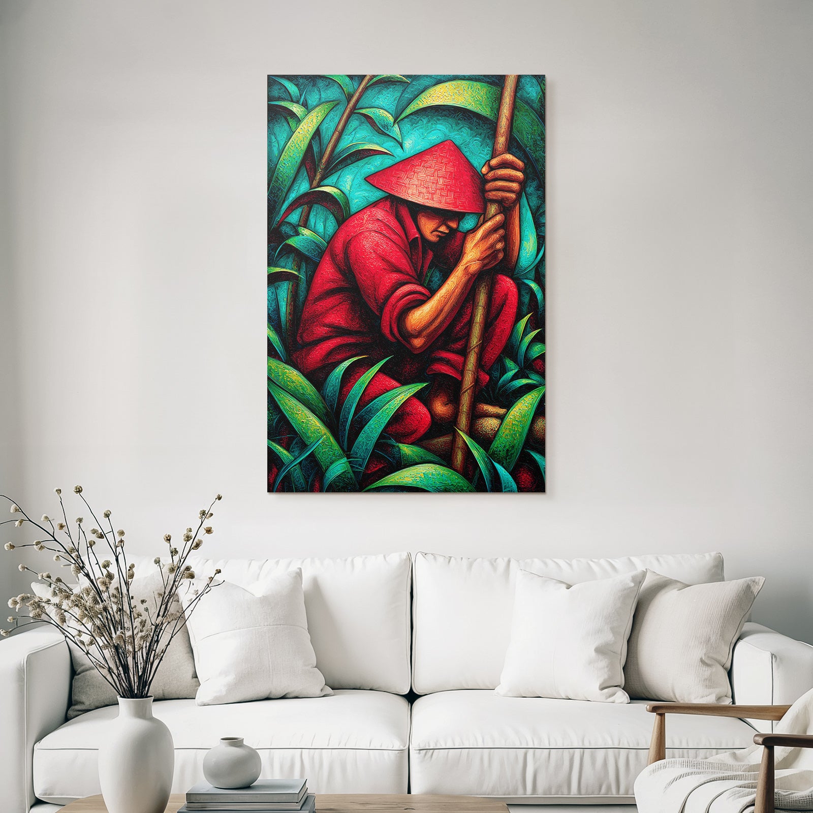 Tropics and jungle stylized artwork figures in nature with hat and red outfit