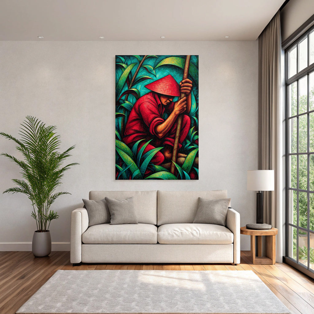 Tropics and jungle stylized artwork figures in nature with hat and red outfit