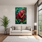Tropics and jungle stylized artwork figures in nature with hat and red outfit