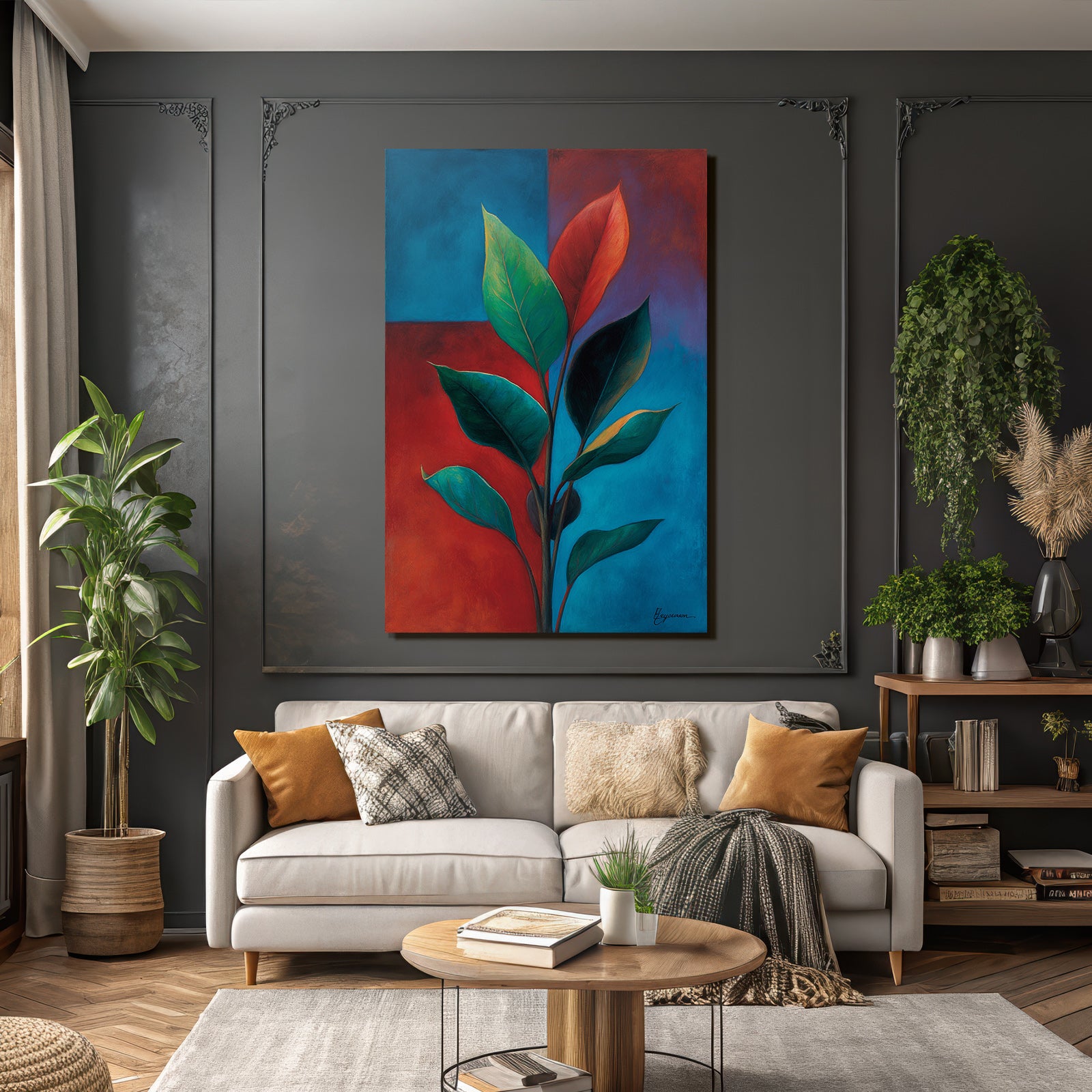 Tropics and jungle stylized painting of leaves with vibrant colors