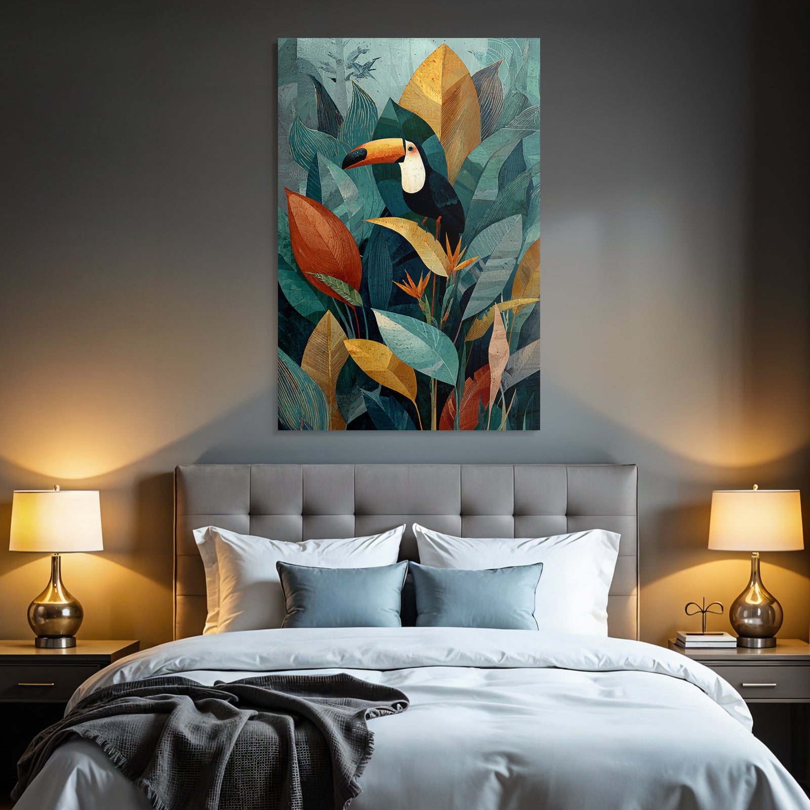 Tropics and Jungle Toucan on Colorful Leaves and Tropical Plants