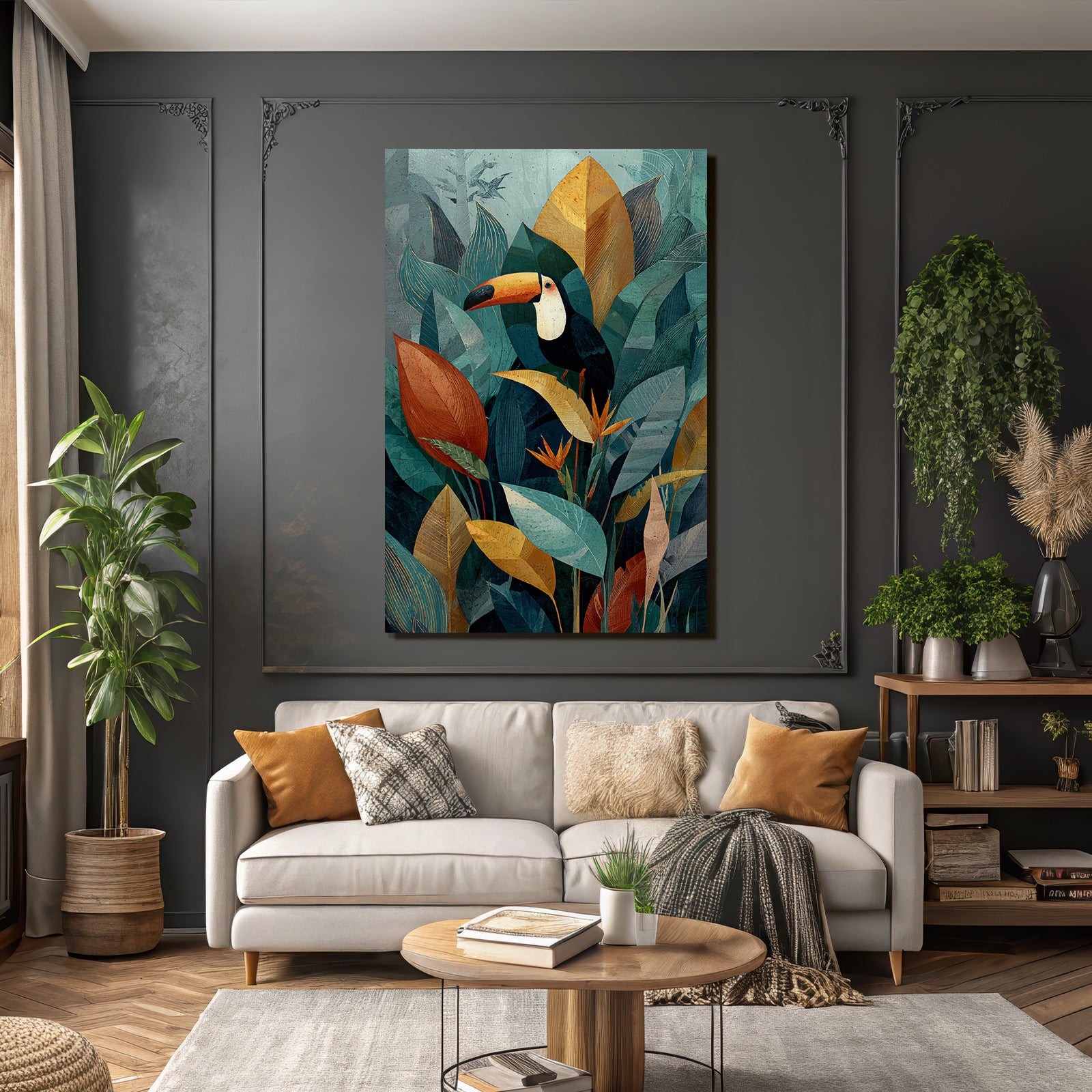 Tropics and Jungle Toucan on Colorful Leaves and Tropical Plants