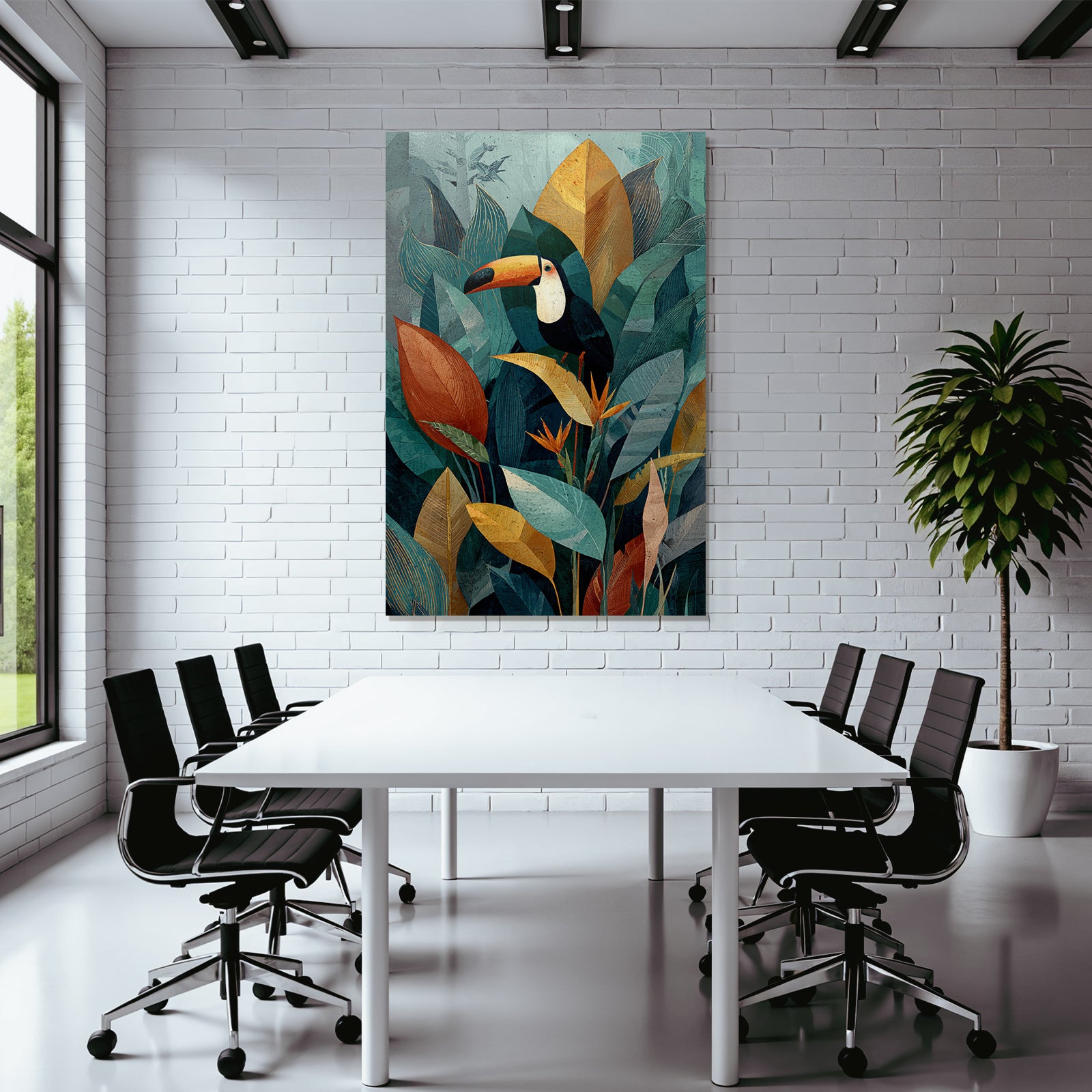 Tropics and Jungle Toucan on Colorful Leaves and Tropical Plants