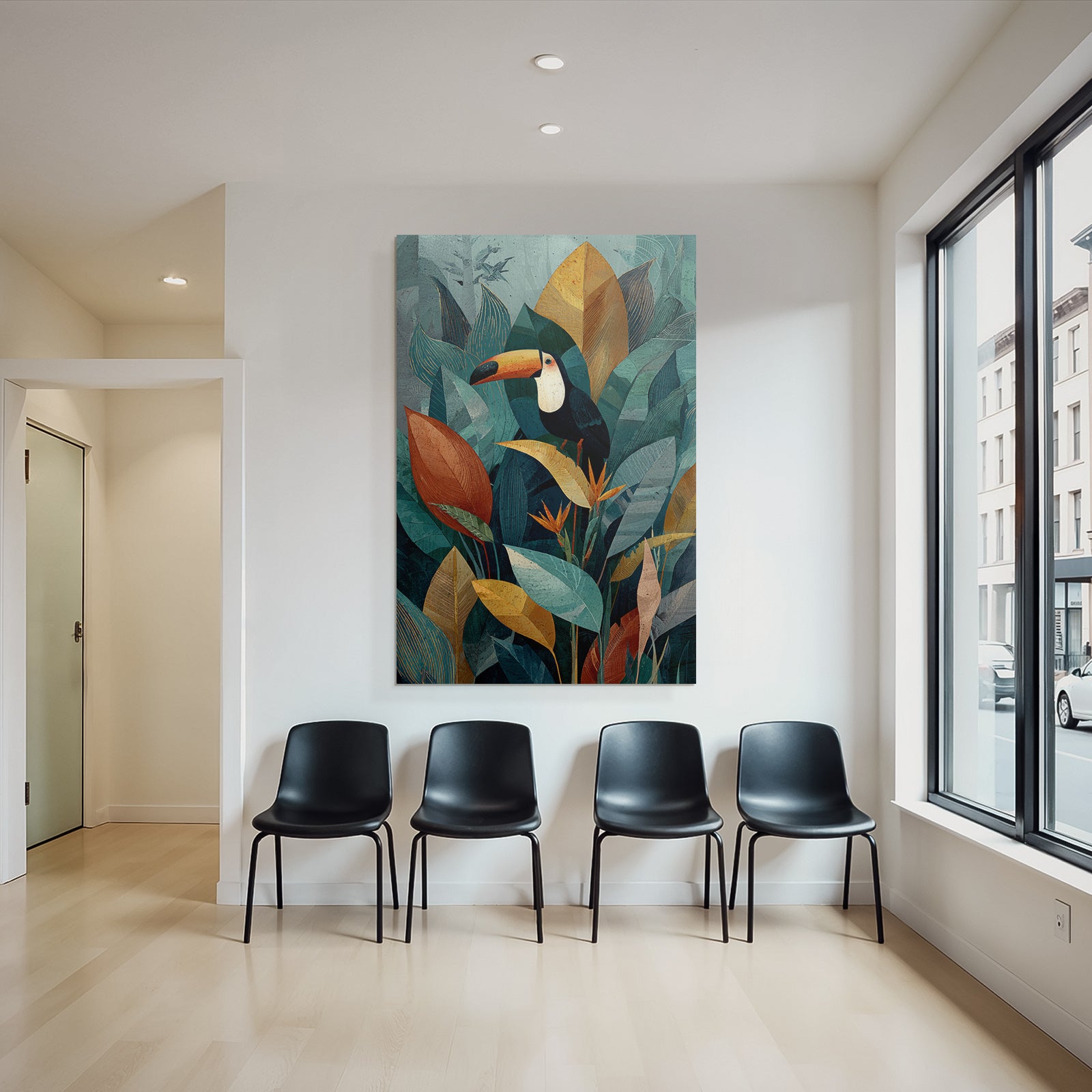 Tropics and Jungle Toucan on Colorful Leaves and Tropical Plants