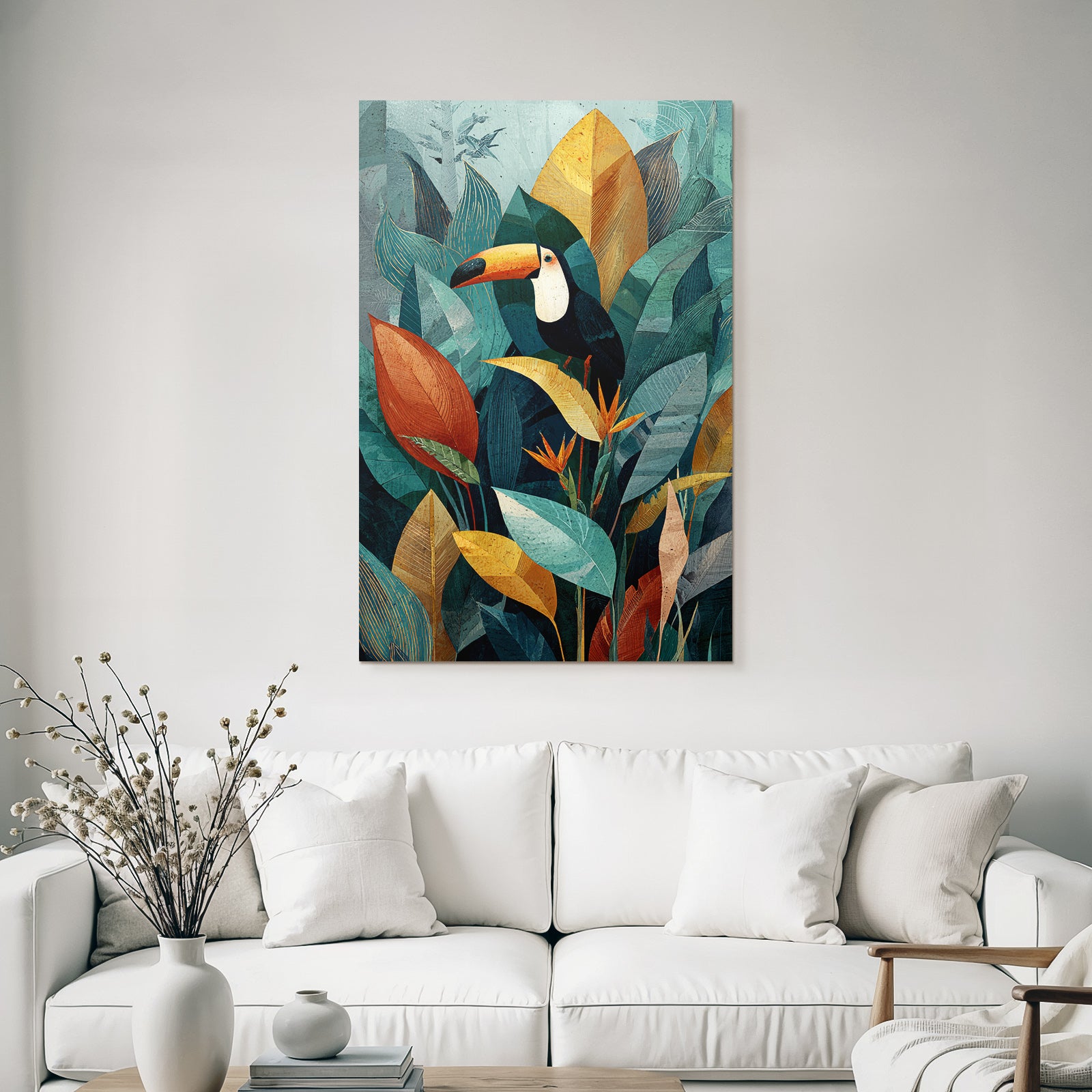 Tropics and Jungle Toucan on Colorful Leaves and Tropical Plants