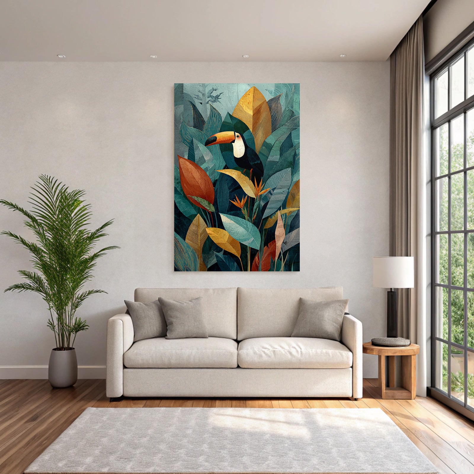 Tropics and Jungle Toucan on Colorful Leaves and Tropical Plants
