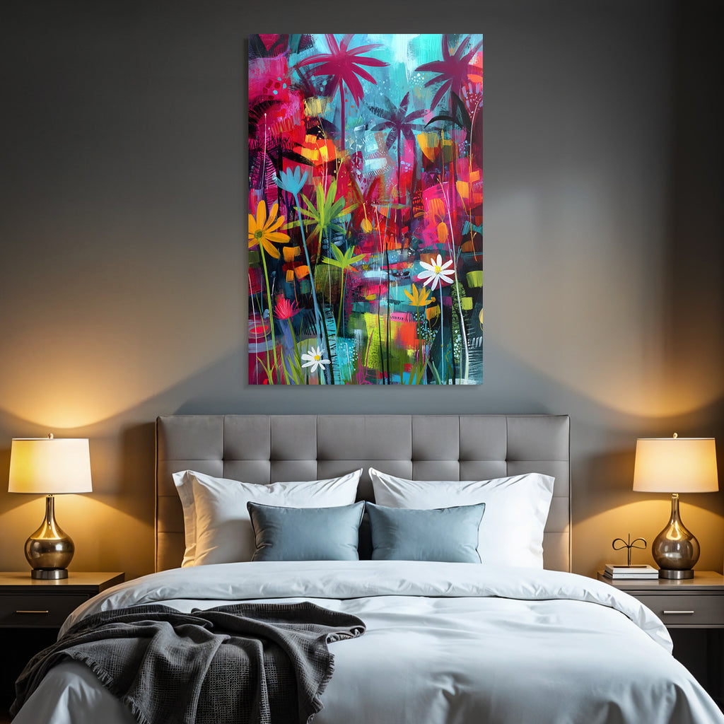 Tropics and Jungle Tropical Abstract Painting with Palm Trees and Flowers