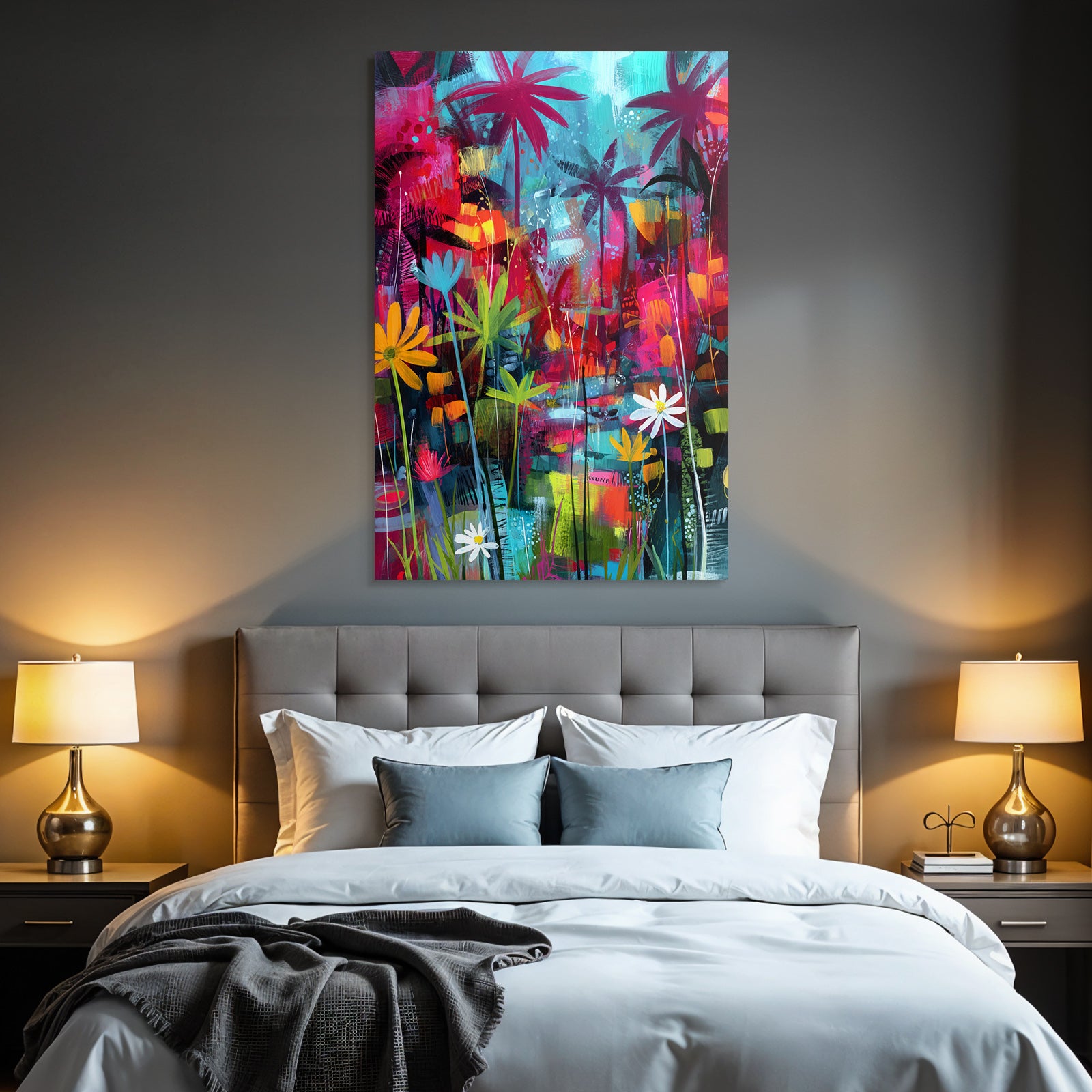 Tropics and Jungle Tropical Abstract Painting with Palm Trees and Flowers