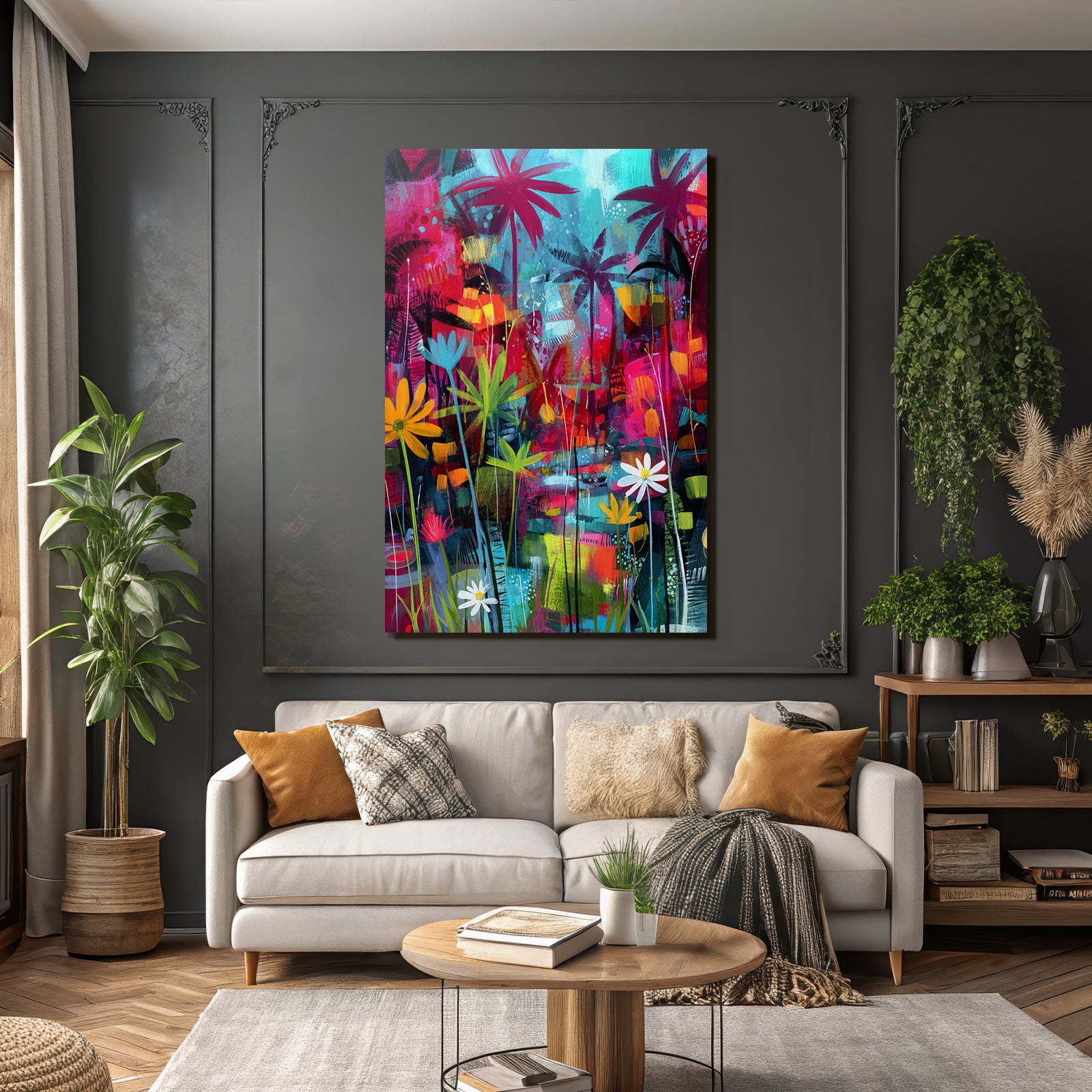 Tropics and Jungle Tropical Abstract Painting with Palm Trees and Flowers