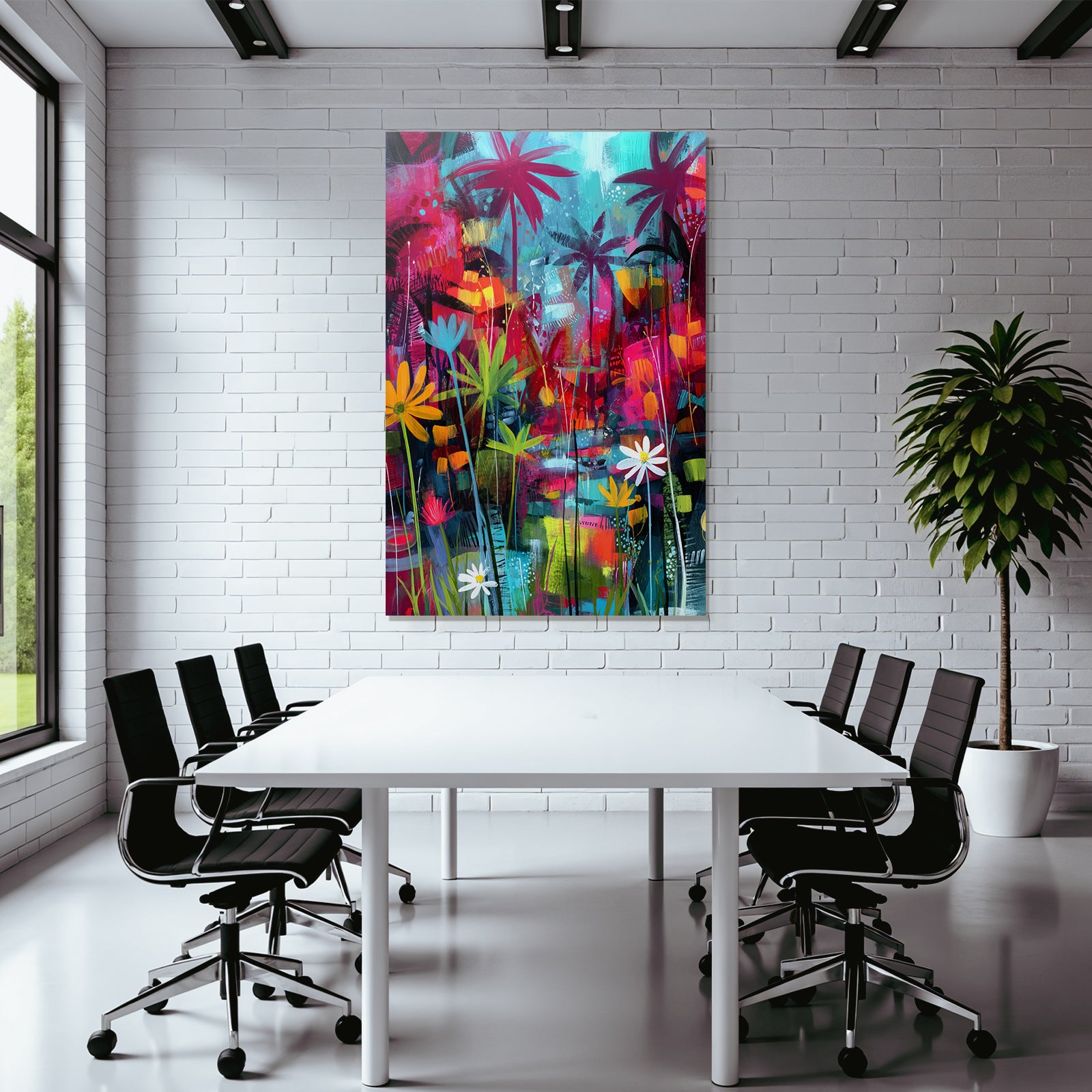 Tropics and Jungle Tropical Abstract Painting with Palm Trees and Flowers
