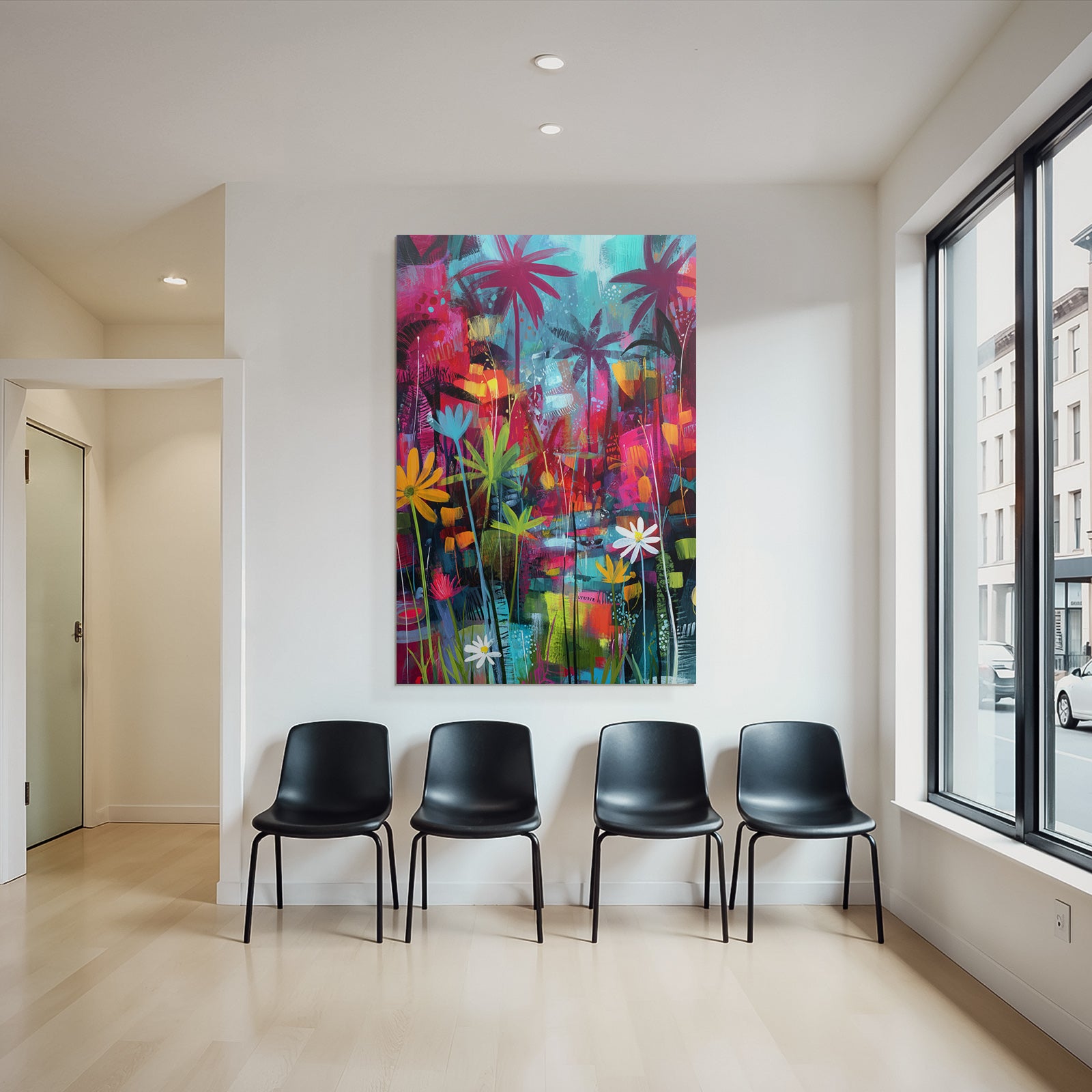 Tropics and Jungle Tropical Abstract Painting with Palm Trees and Flowers