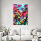 Tropics and Jungle Tropical Abstract Painting with Palm Trees and Flowers