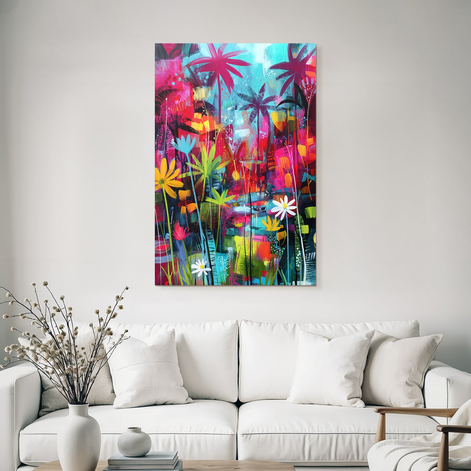 Tropics and Jungle Tropical Abstract Painting with Palm Trees and Flowers