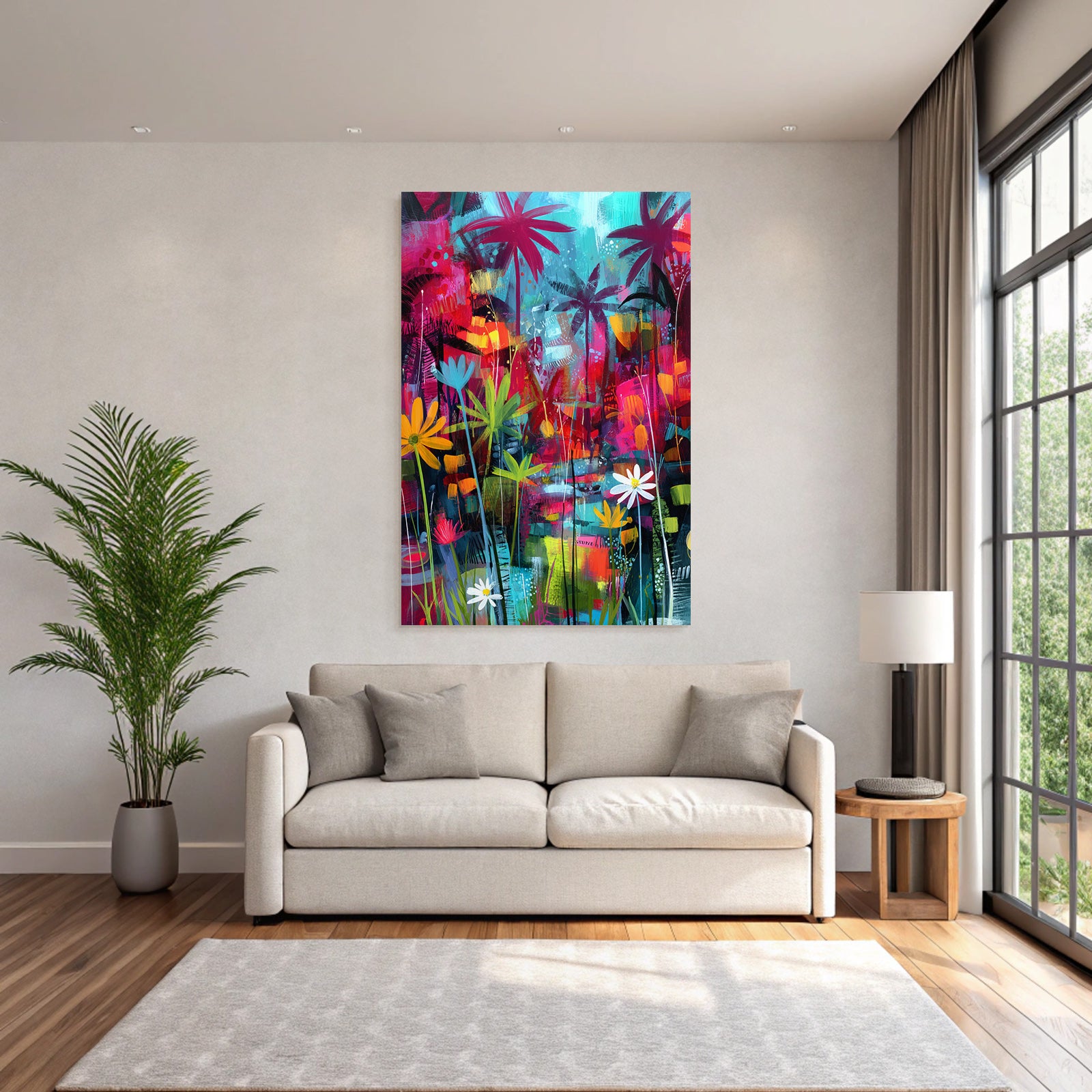Tropics and Jungle Tropical Abstract Painting with Palm Trees and Flowers