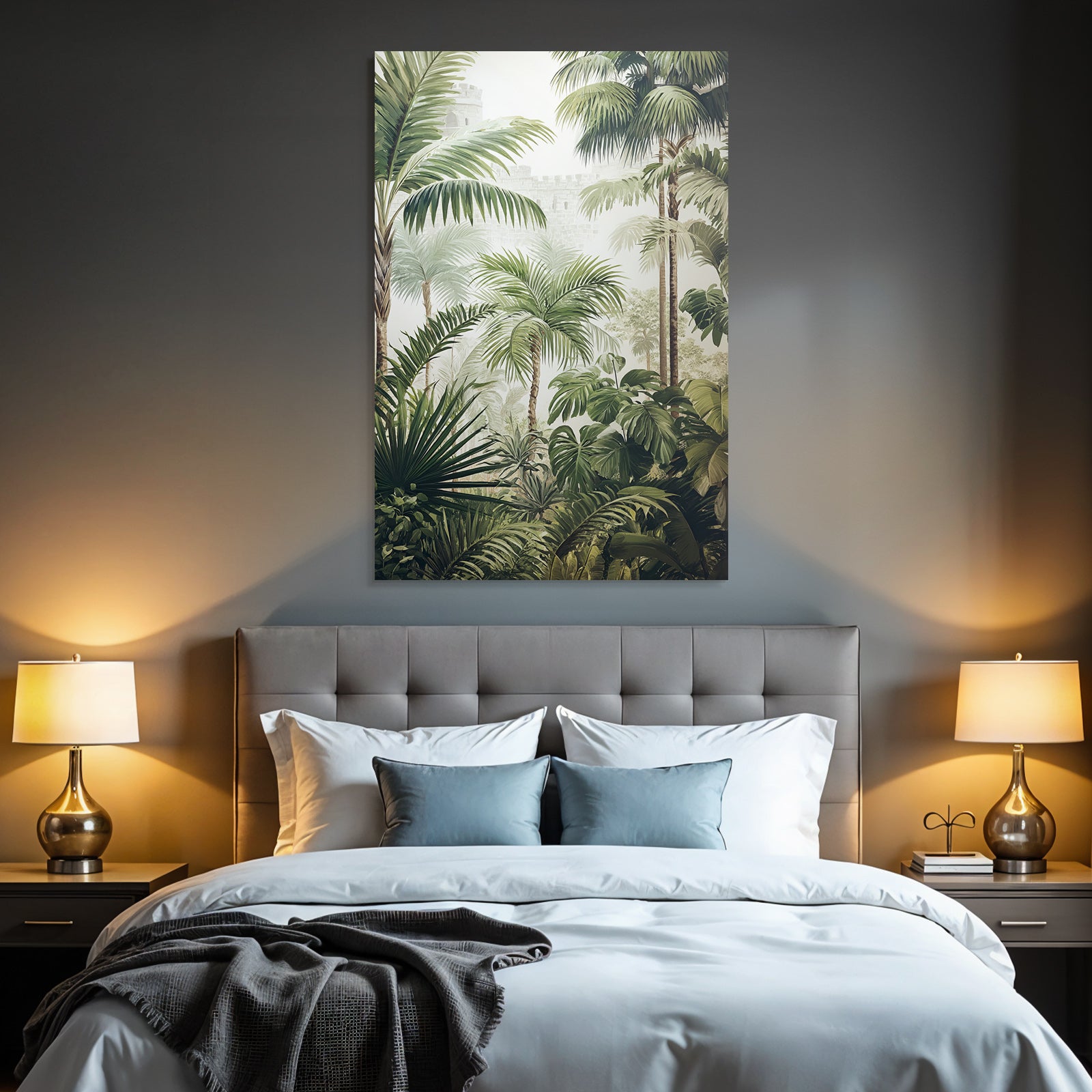 Tropics and jungle Tropical landscape with palm trees and a fortress in the fog