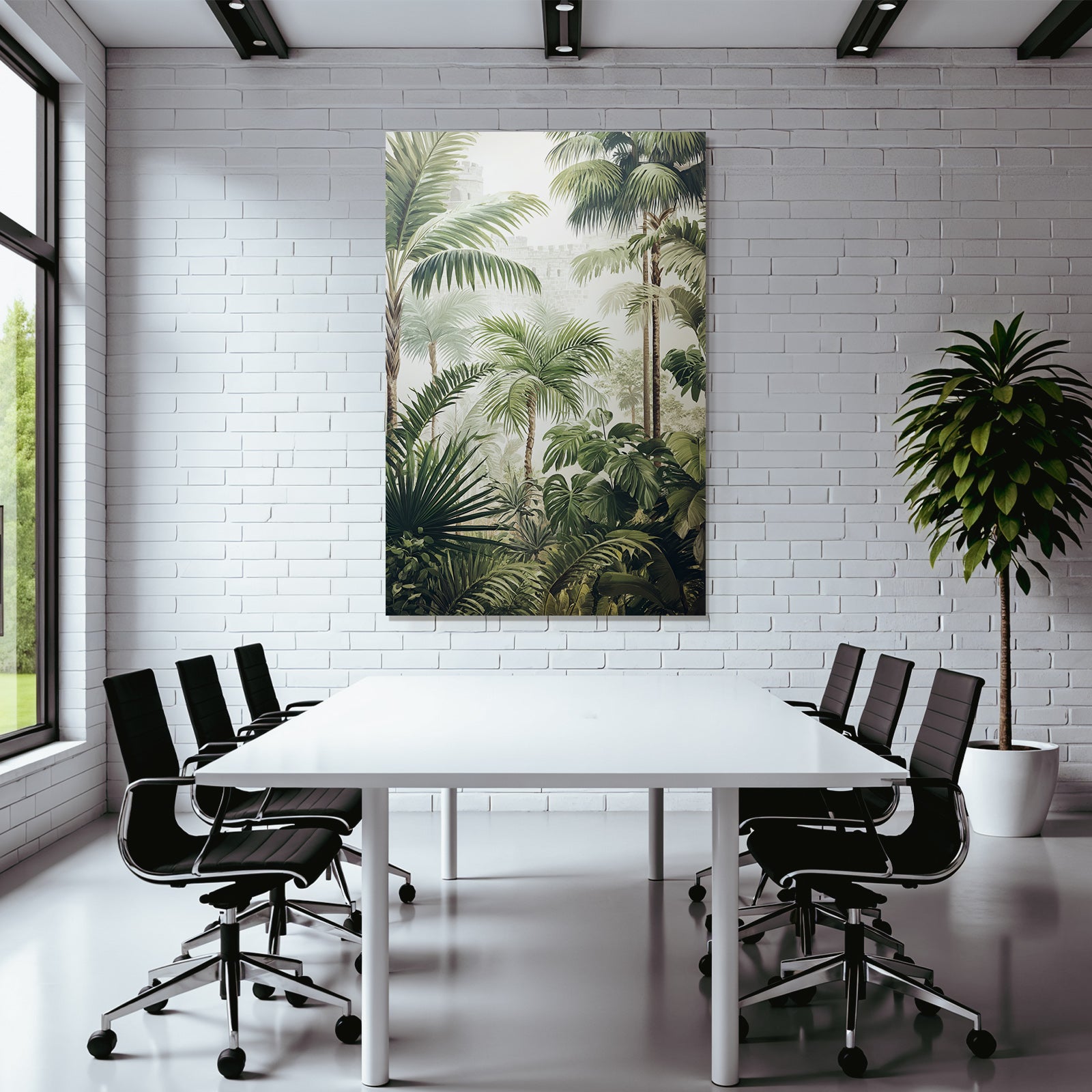 Tropics and jungle Tropical landscape with palm trees and a fortress in the fog