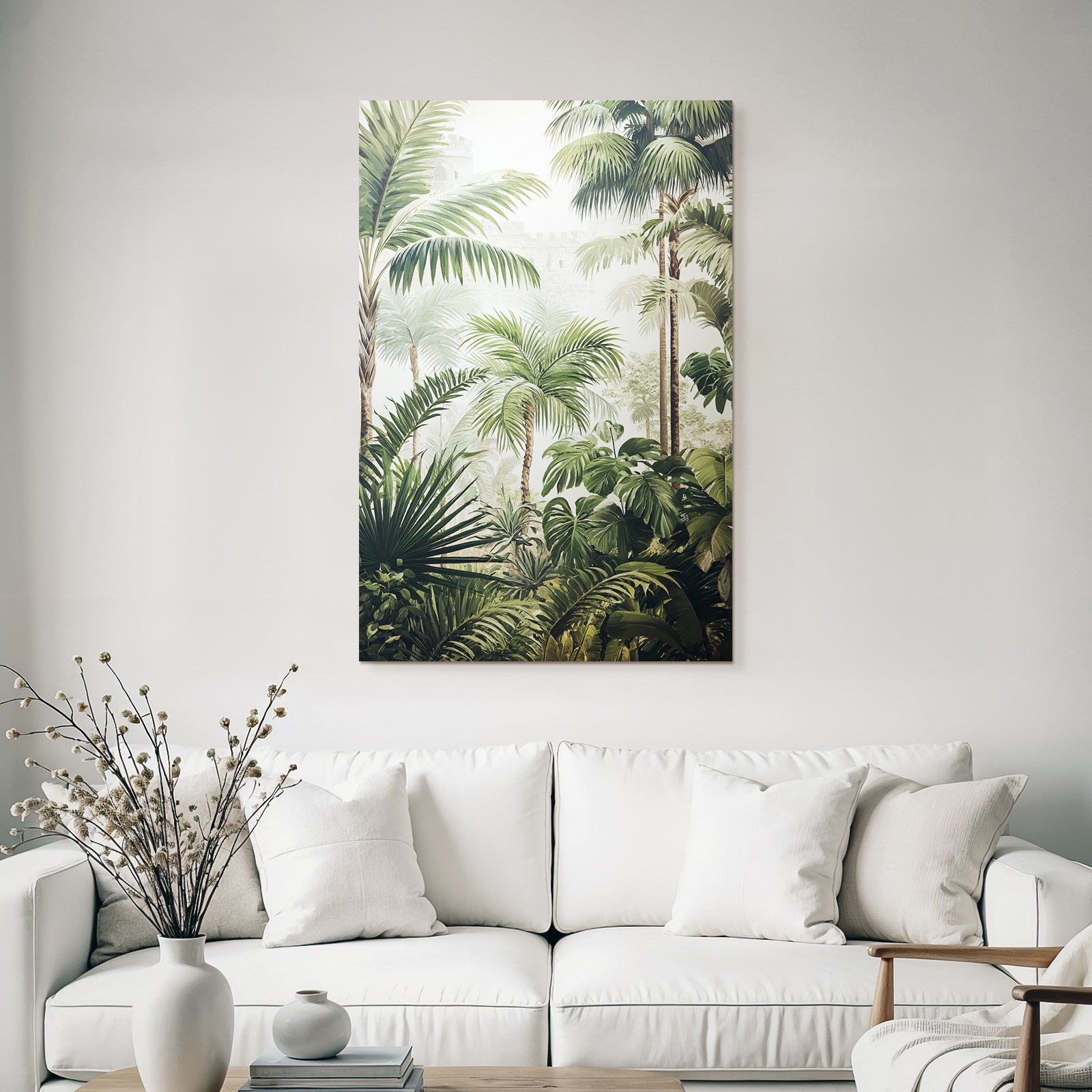 Tropics and jungle Tropical landscape with palm trees and a fortress in the fog