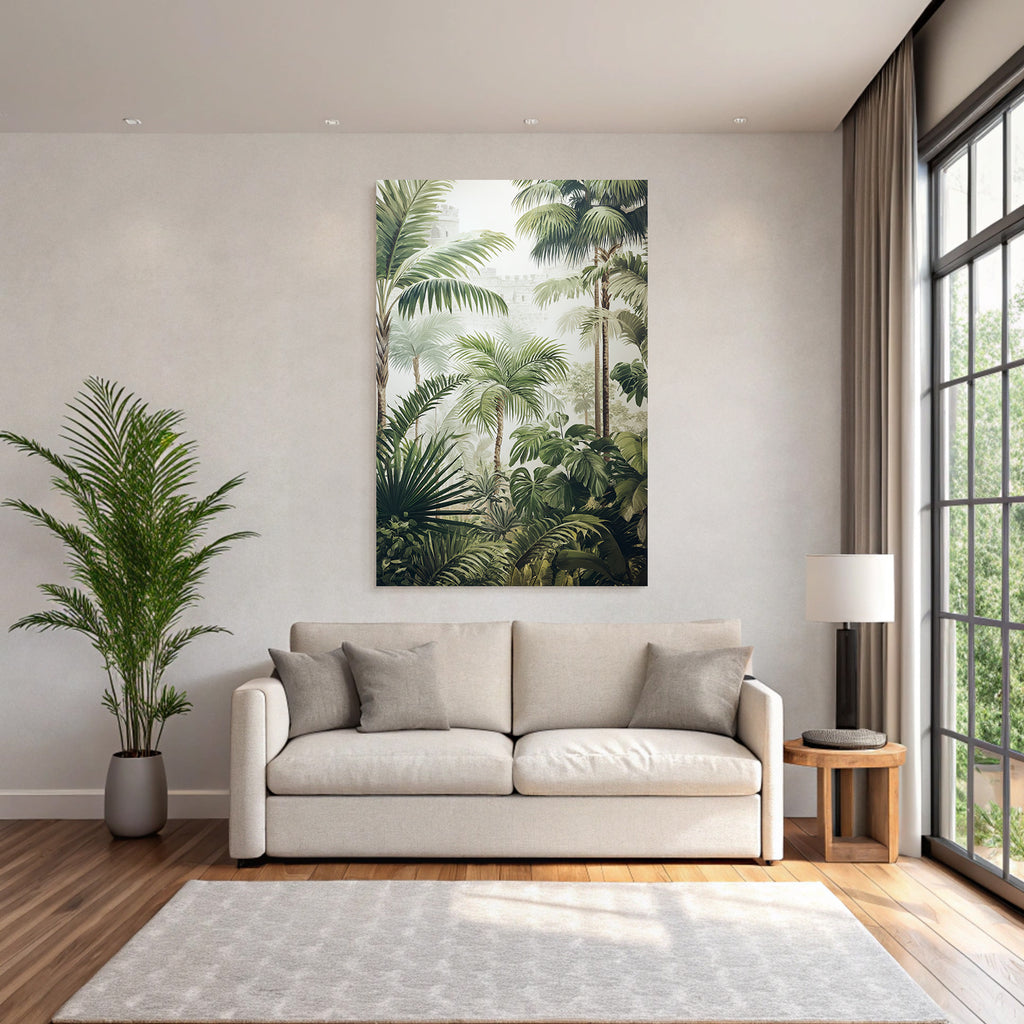 Tropics and jungle Tropical landscape with palm trees and a fortress in the fog