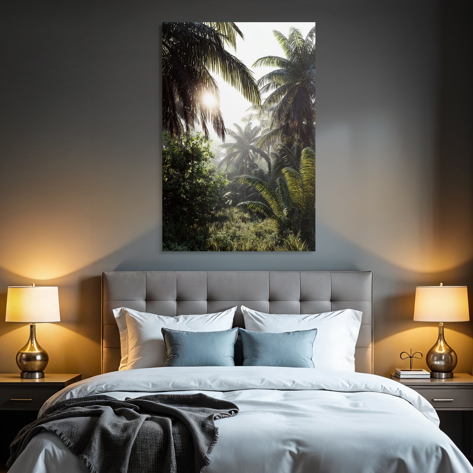 Tropics and jungle Tropical landscape with palm trees and light show