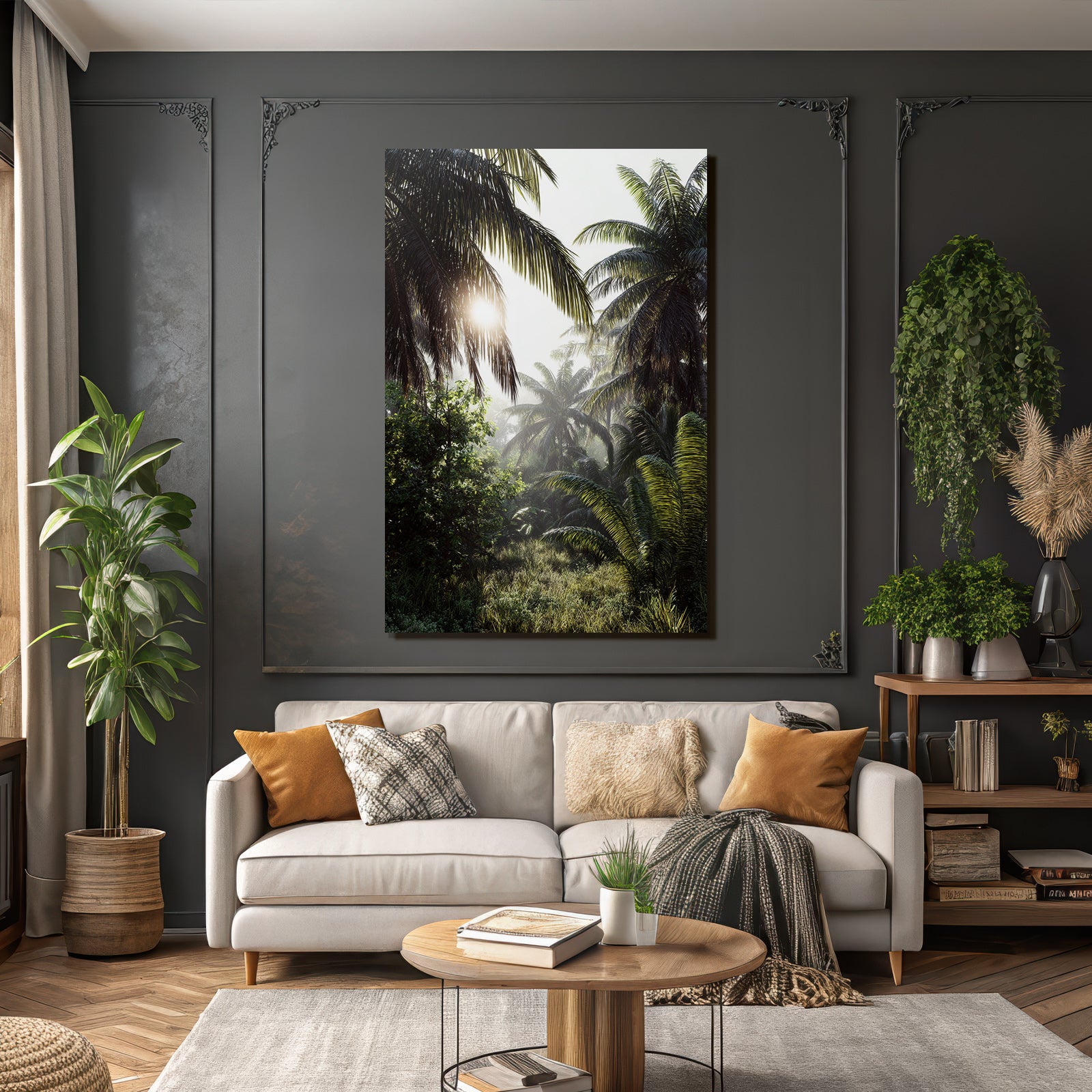 Tropics and jungle Tropical landscape with palm trees and light show