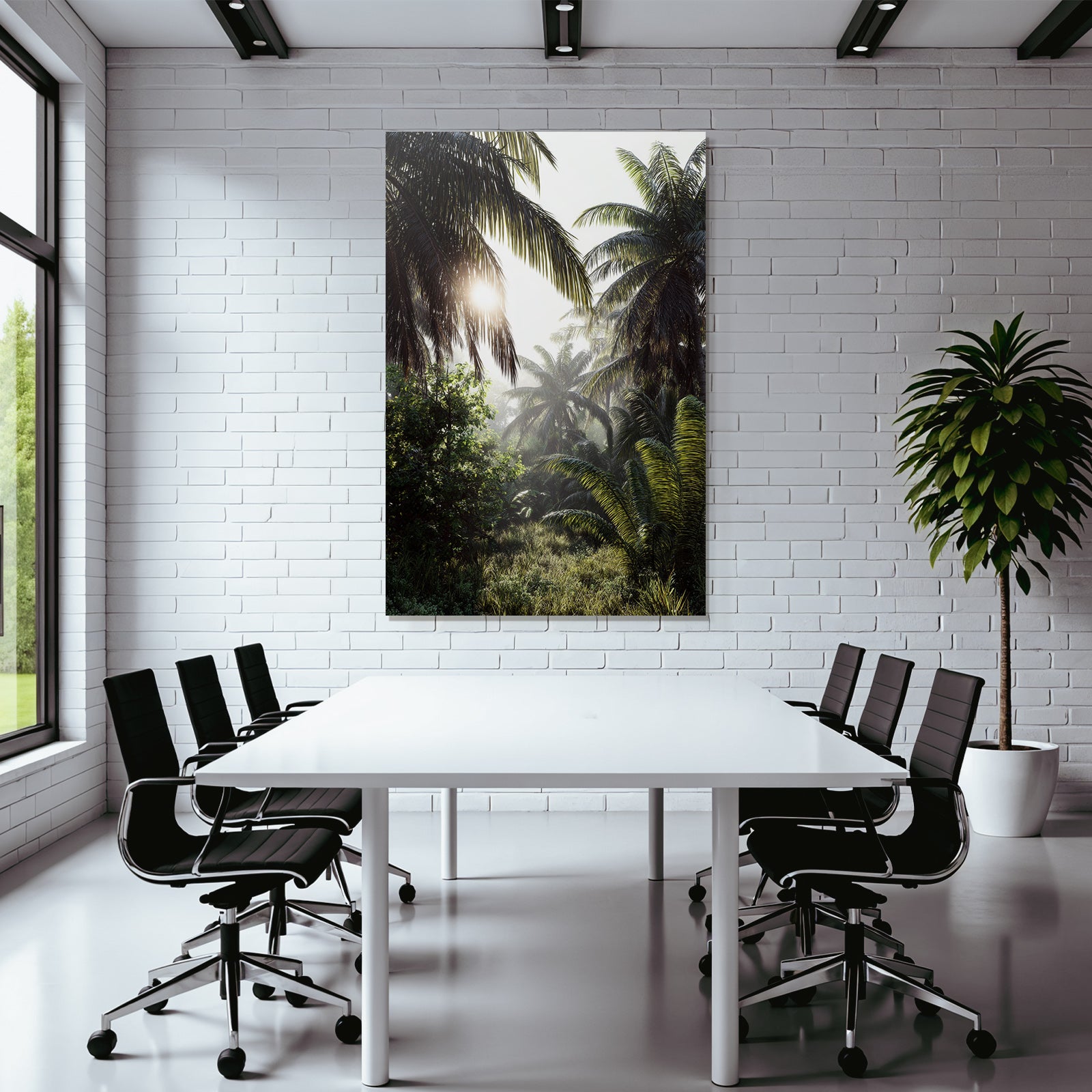 Tropics and jungle Tropical landscape with palm trees and light show