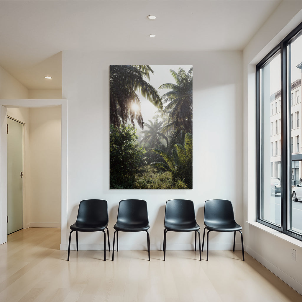 Tropics and jungle Tropical landscape with palm trees and light show