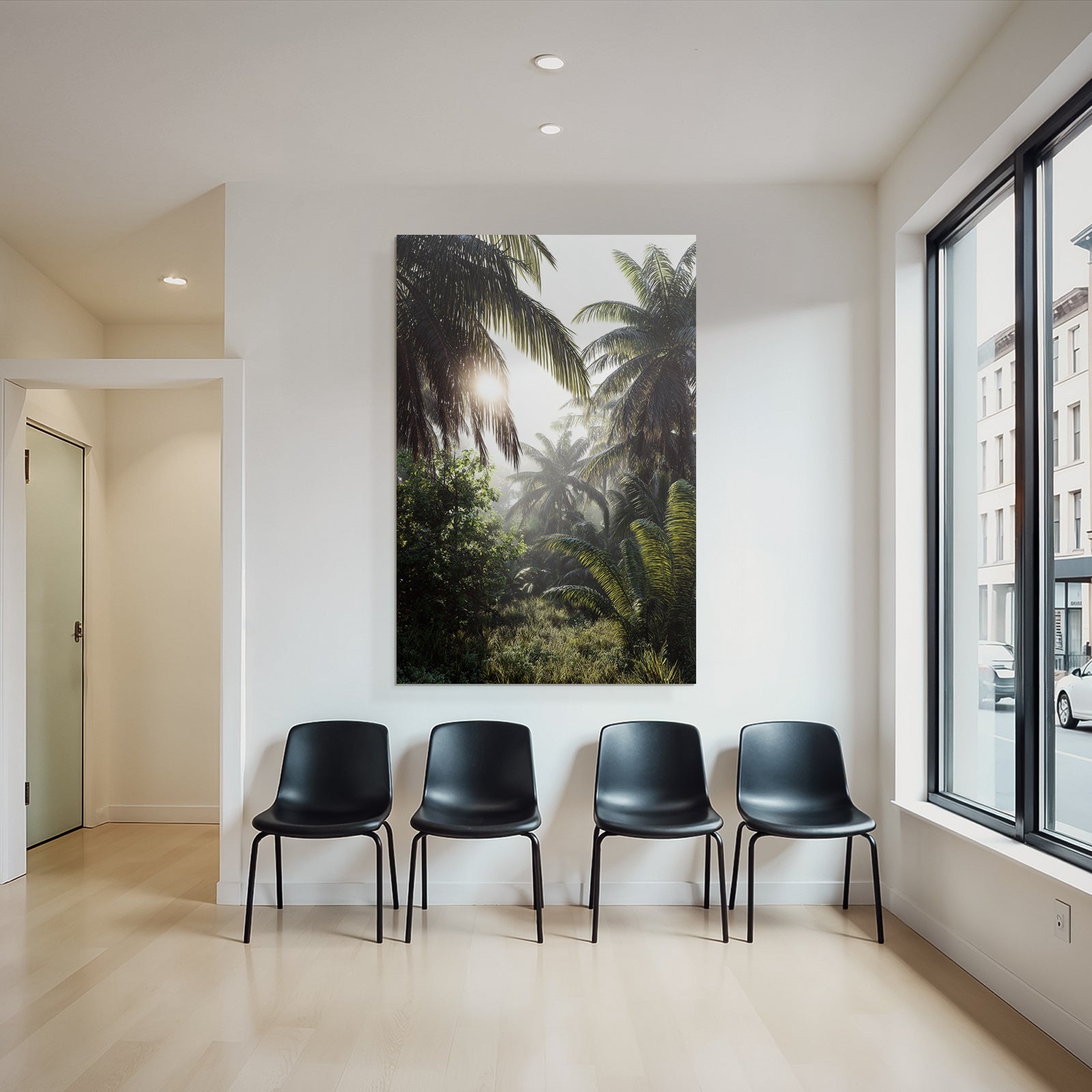 Tropics and jungle Tropical landscape with palm trees and light show