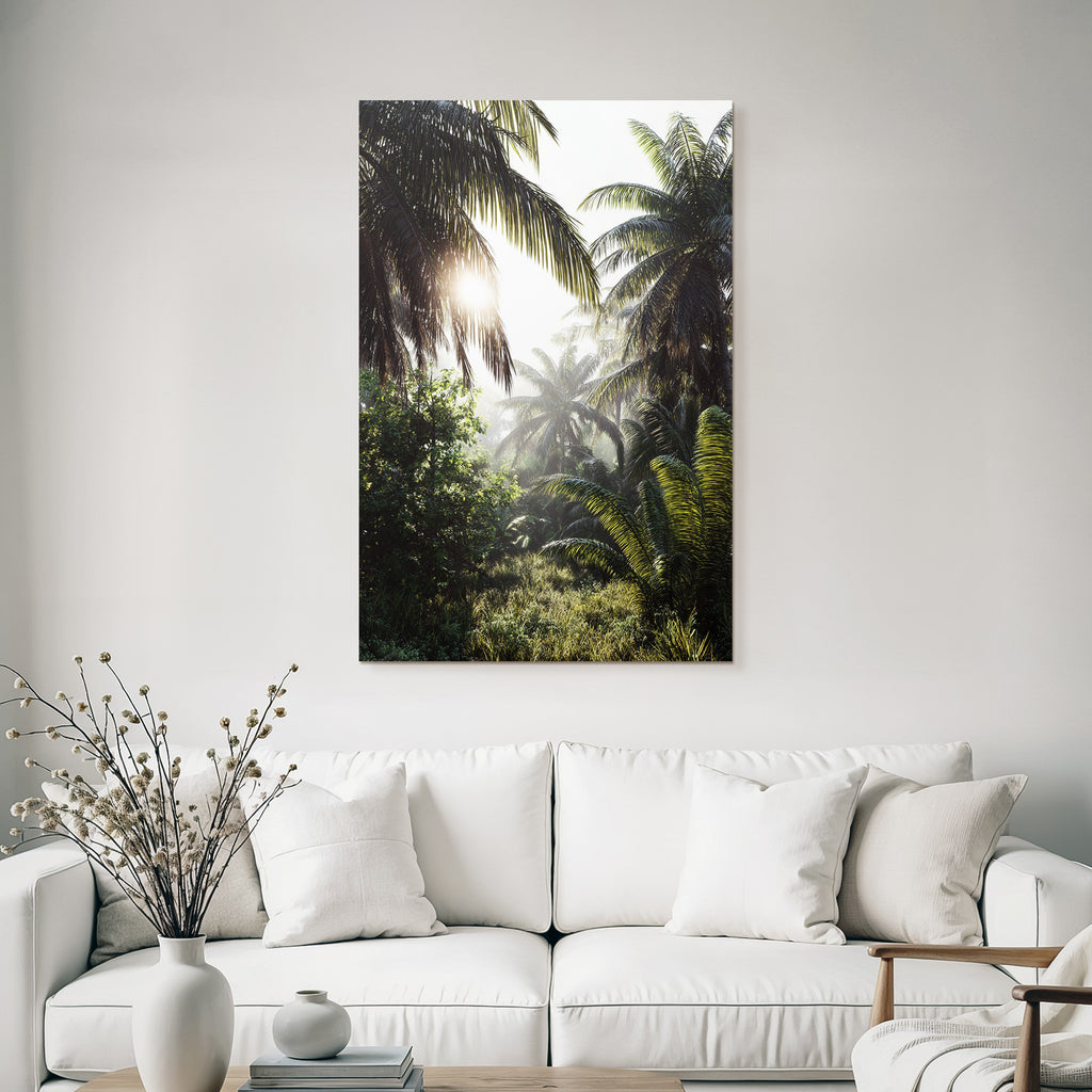Tropics and jungle Tropical landscape with palm trees and light show